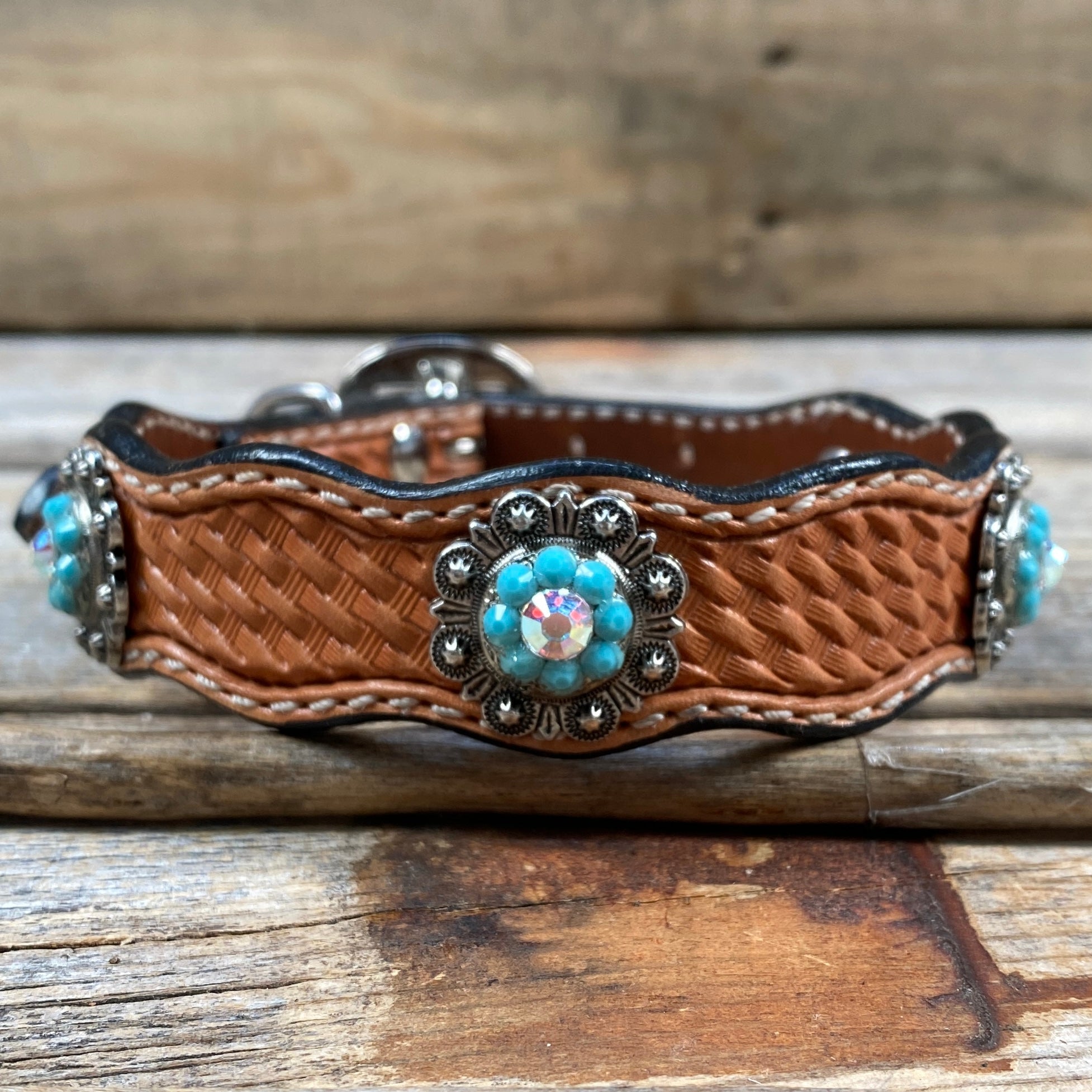 Genuine Leather Dog Collar or Leash With Antique Silver Turquoise and AB Conchos 10" to 22" orDC5 — view 3