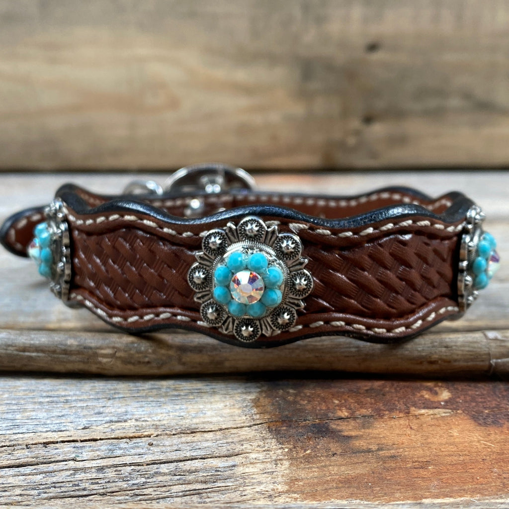 Genuine Leather Dog Collar or Leash With Antique Silver Turquoise and AB Conchos 10" to 22" orDC5 — view 4
