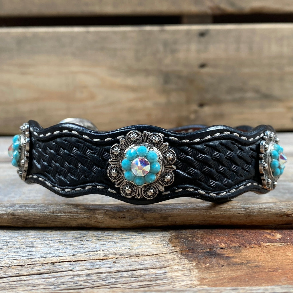 Genuine Leather Dog Collar or Leash With Antique Silver Turquoise and AB Conchos 10" to 22" orDC5 — view 5