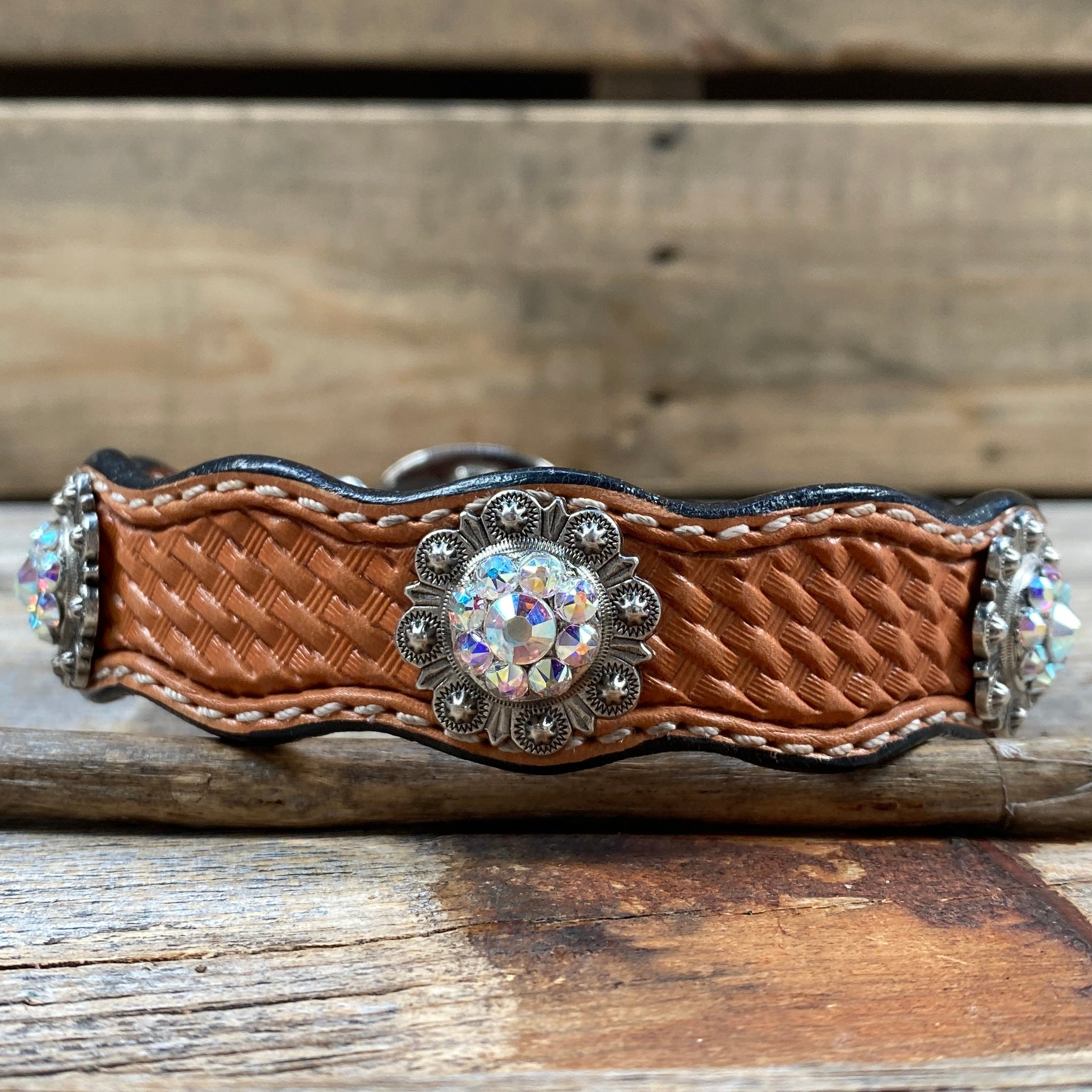 Genuine Leather Dog Collar With Antique Silver AB Conchos 10" to 22" -DC42 — view 2
