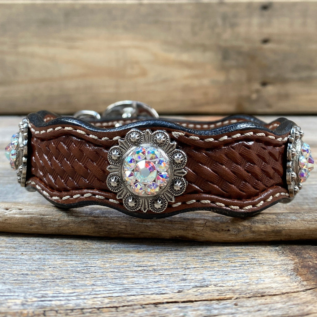 Genuine Leather Dog Collar With Antique Silver AB Conchos 10" to 22" -DC42 — view 3