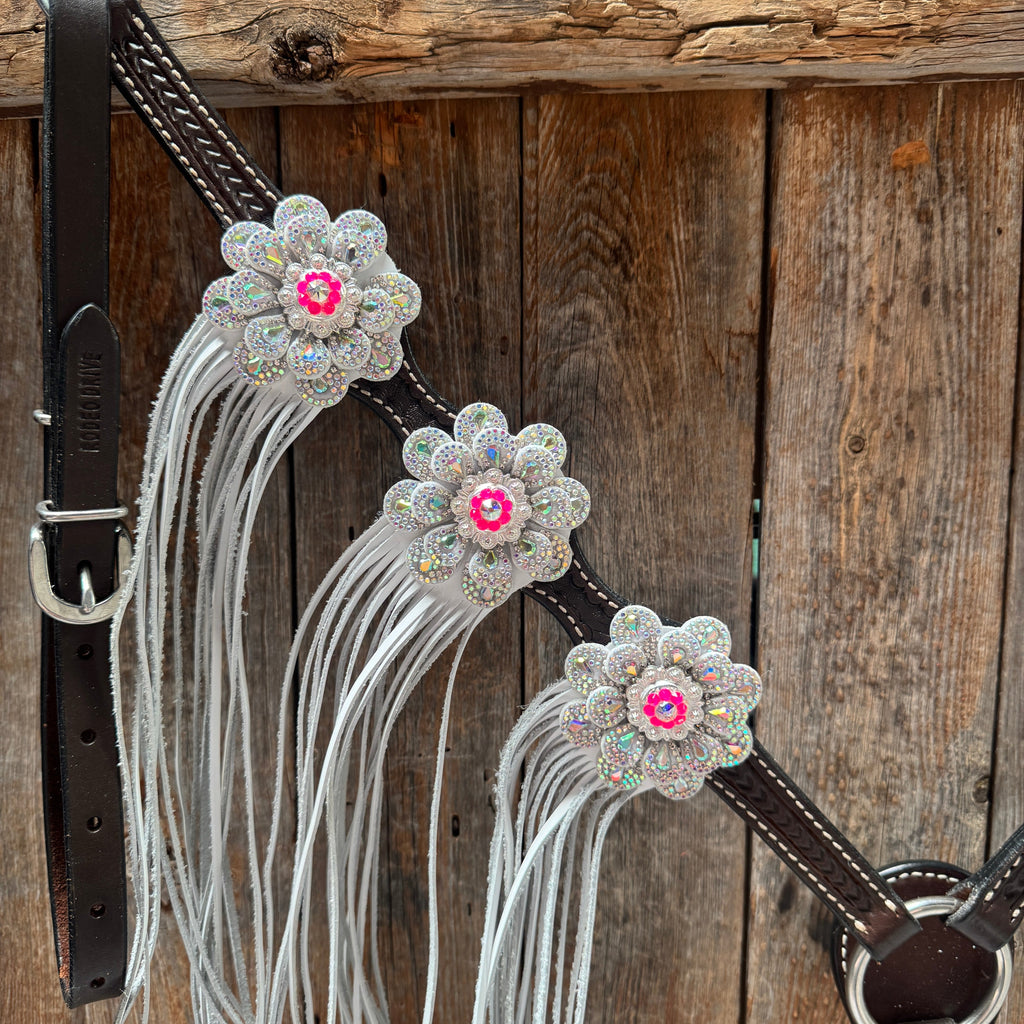 Dark Oil Basketweave Hot Pink Flower Browband | One Ear Tack Set #BBBC531