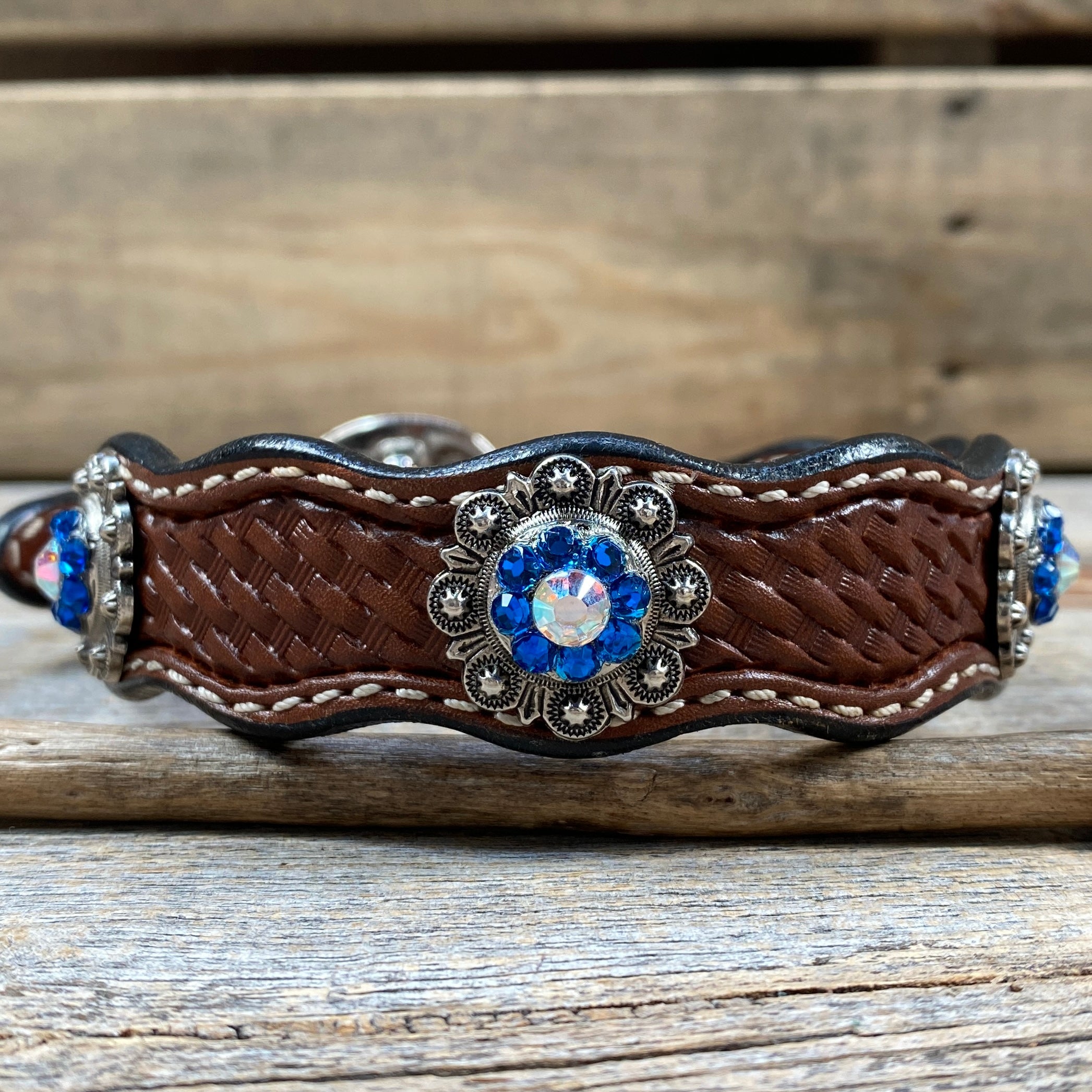 Genuine Leather Dog Collar With Antique Silver Capri and AB Conchos 10" to 22" -DC43 — view 3