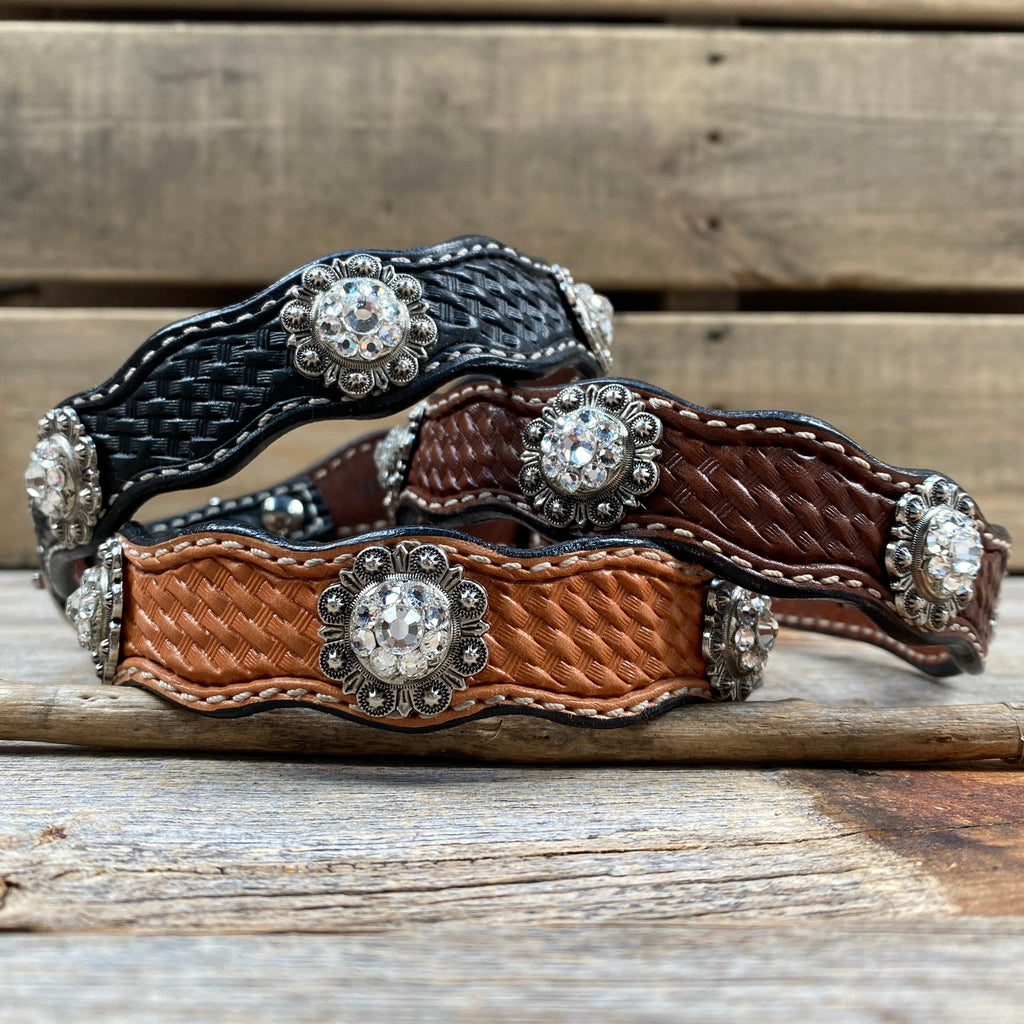 Genuine Leather Dog Collar or Leash With Antique Silver Clear Conchos 10" to 22" orDC44 — view 2