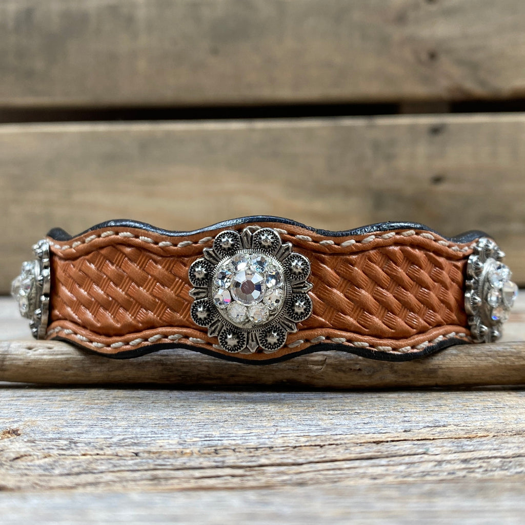 Genuine Leather Dog Collar or Leash With Antique Silver Clear Conchos 10" to 22" orDC44 — view 3