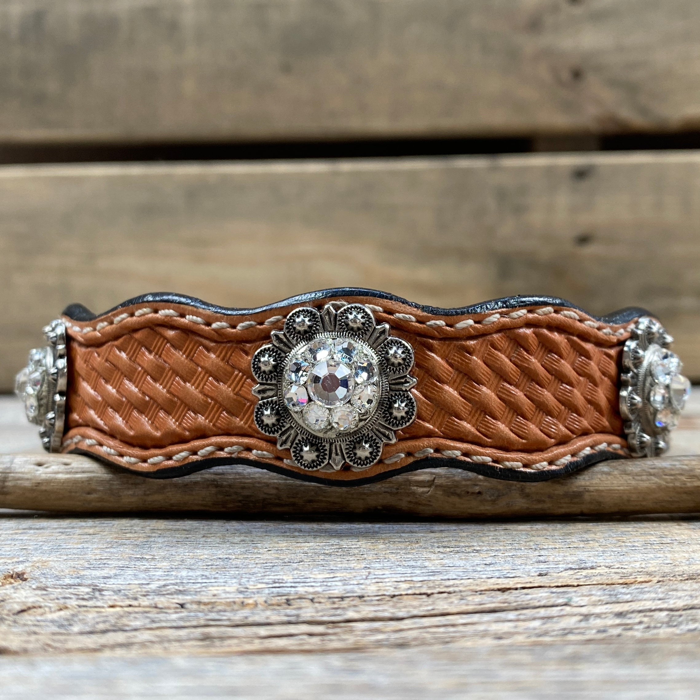 Genuine Leather Dog Collar or Leash With Antique Silver Clear Conchos 10" to 22" orDC44 — view 3