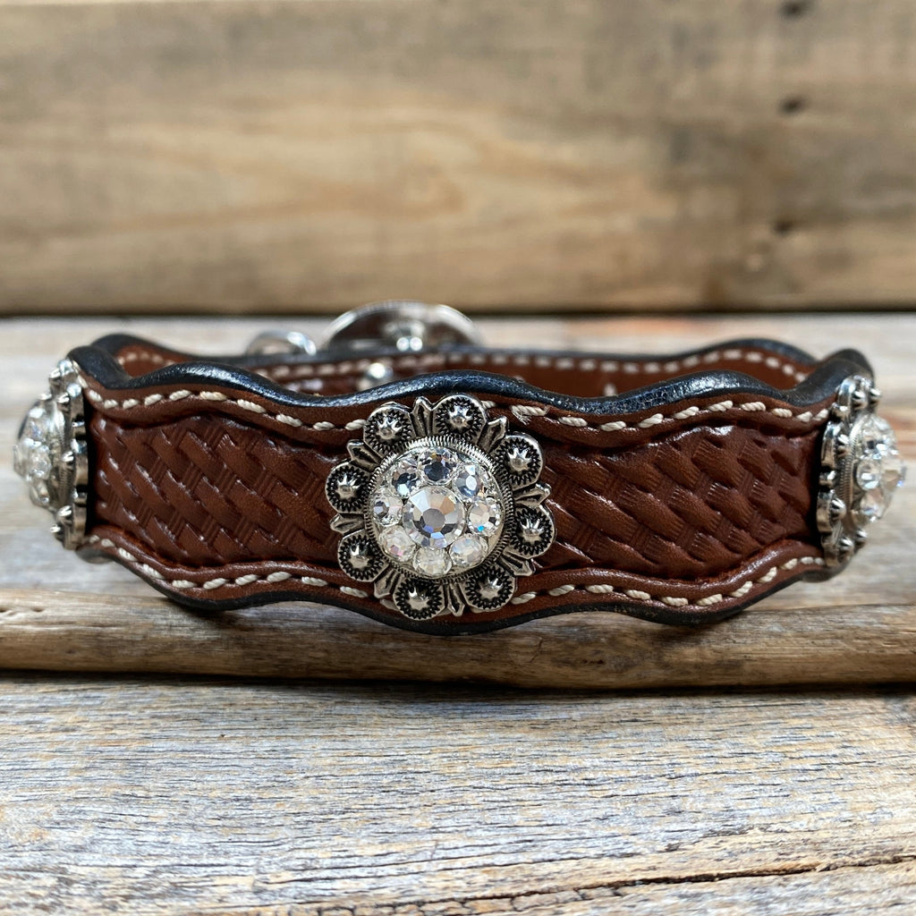 Genuine Leather Dog Collar or Leash With Antique Silver Clear Conchos 10" to 22" orDC44 — view 4