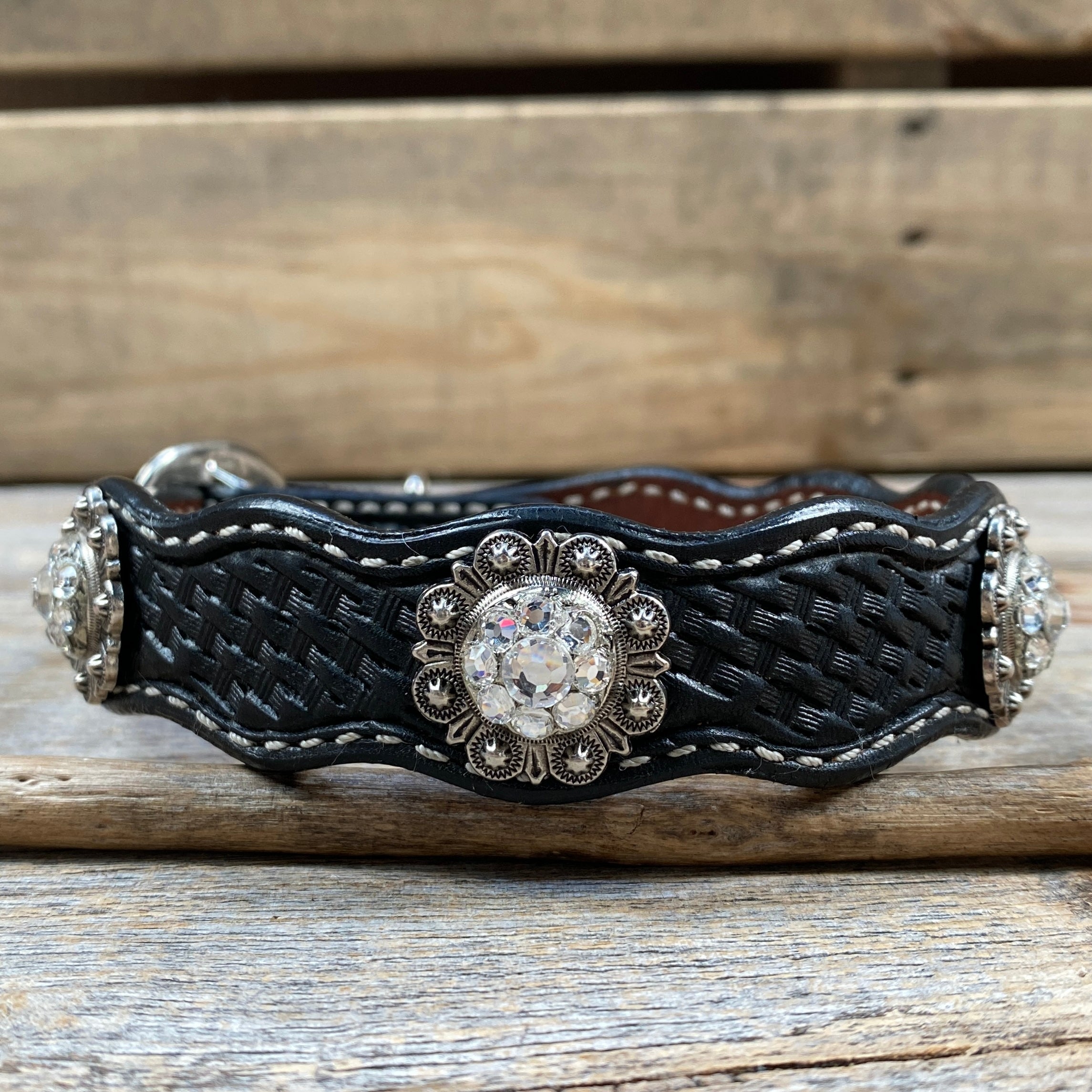 Genuine Leather Dog Collar or Leash With Antique Silver Clear Conchos 10" to 22" orDC44 — view 5