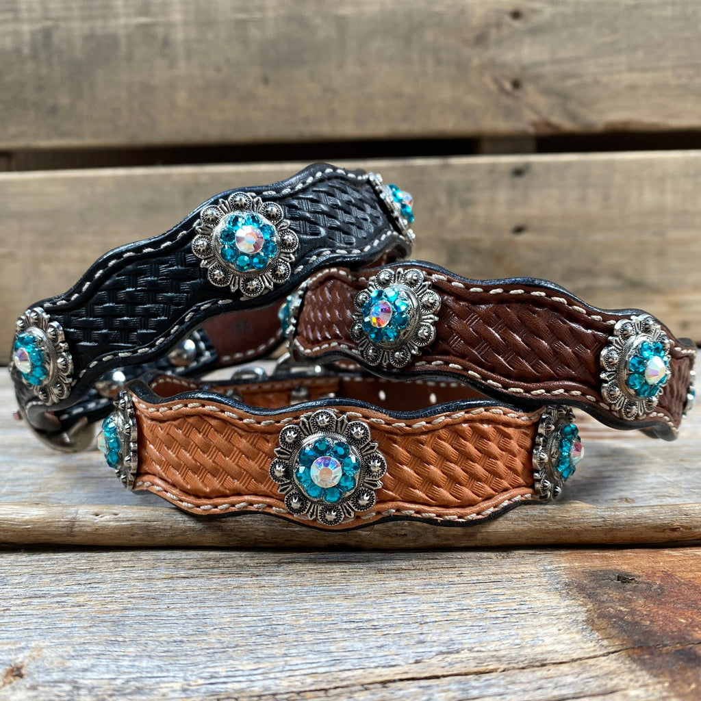 Genuine Leather Dog Collar or Leash With Antique Silver Teal and AB Conchos 10" to 22" orDC45 — view 2