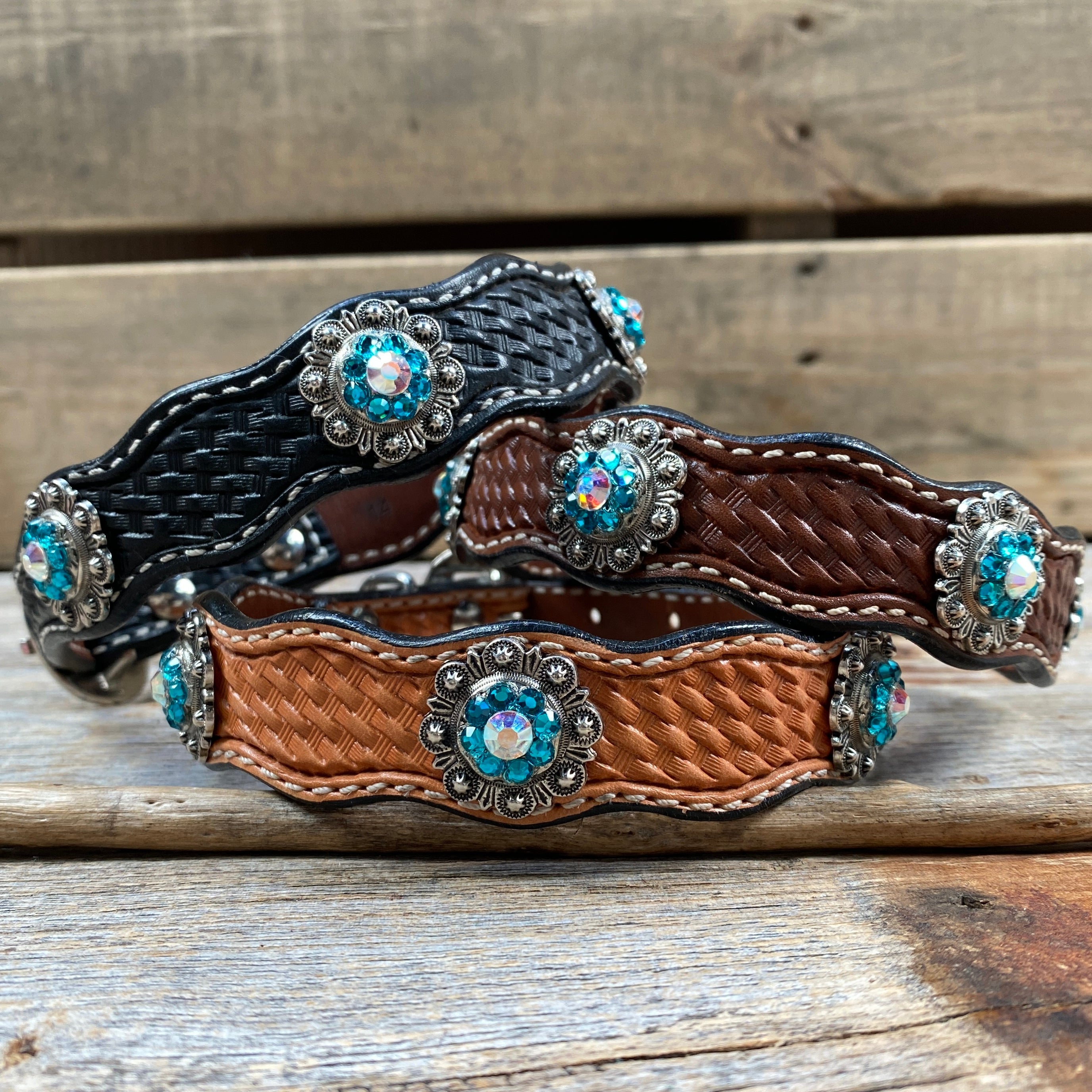 Genuine Leather Dog Collar or Leash With Antique Silver Teal and AB Conchos 10" to 22" orDC45 — view 2