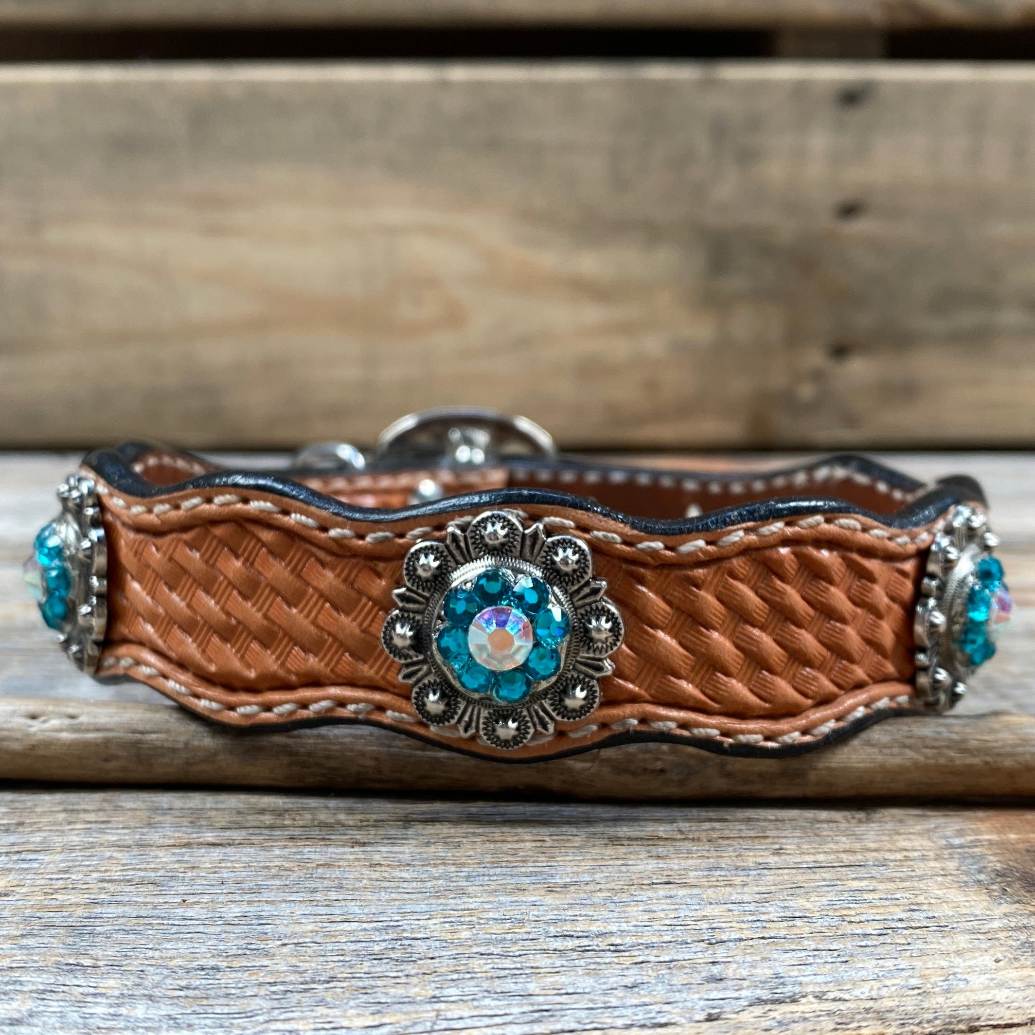 Genuine Leather Dog Collar or Leash With Antique Silver Teal and AB Conchos 10" to 22" orDC45 — view 3
