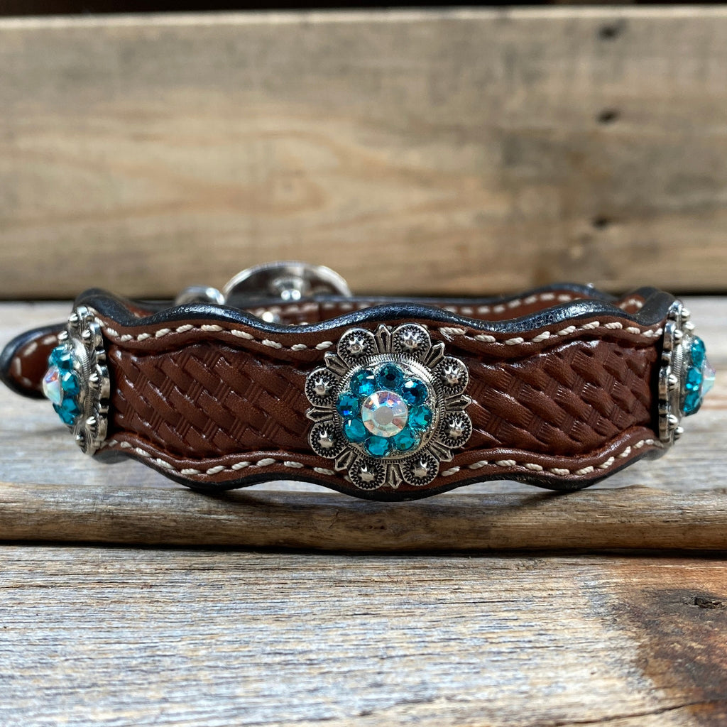 Genuine Leather Dog Collar or Leash With Antique Silver Teal and AB Conchos 10" to 22" orDC45 — view 4