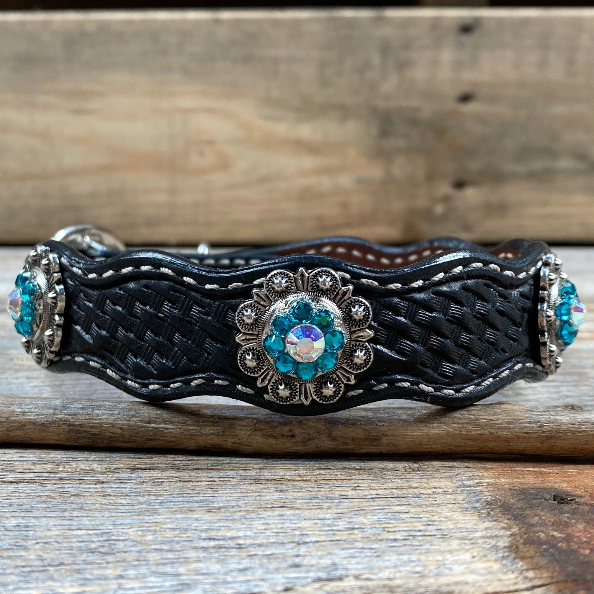 Genuine Leather Dog Collar or Leash With Antique Silver Teal and AB Conchos 10" to 22" orDC45 — view 5