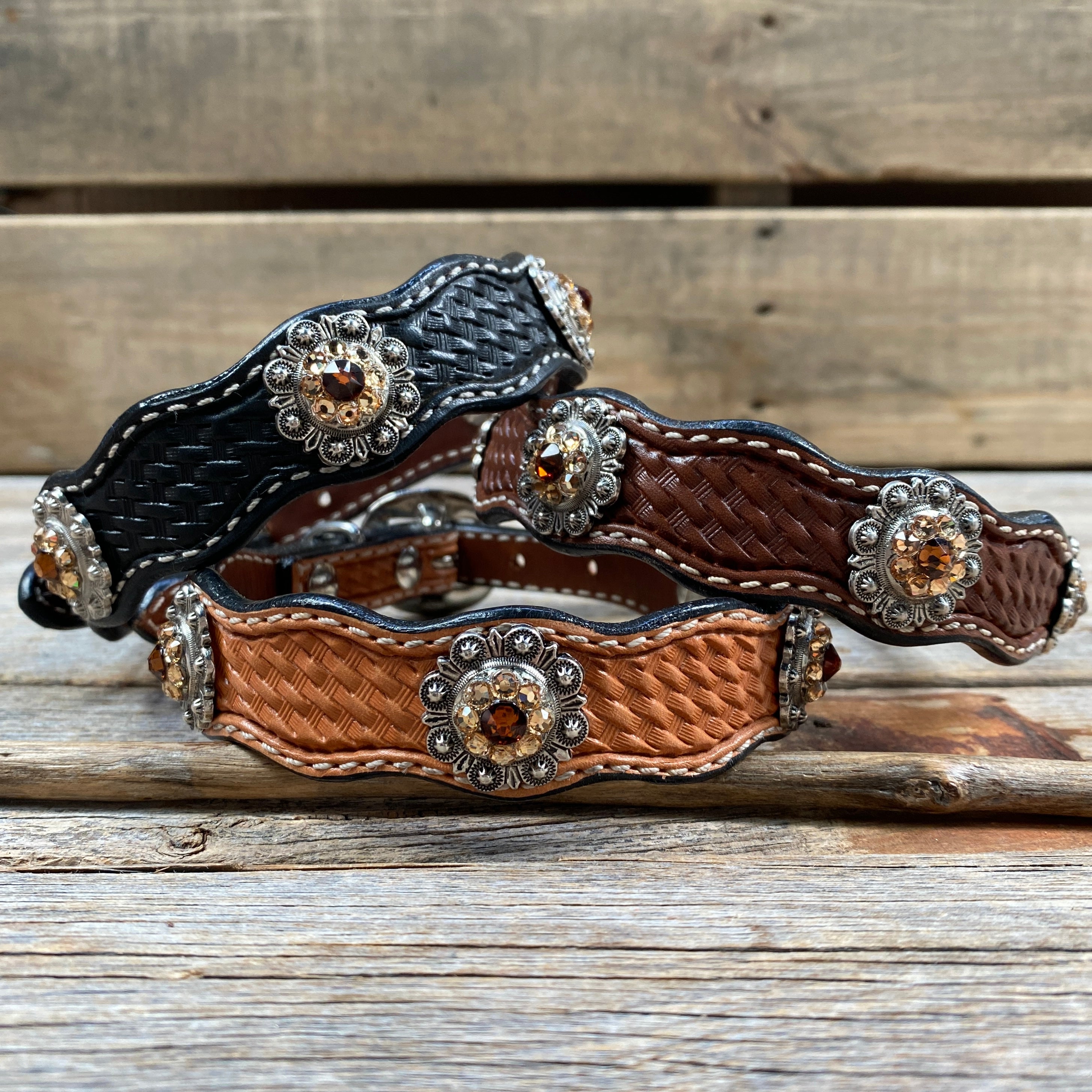 Genuine Leather Dog Collar With Antique Silver Topaz and Champagne Conchos 10" to 22" -DC12