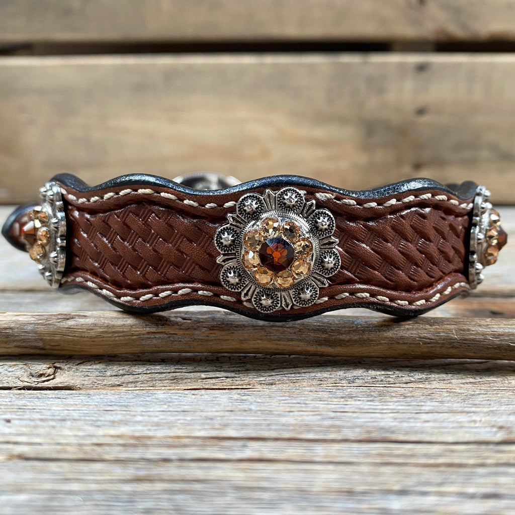 Genuine Leather Dog Collar With Antique Silver Topaz and Champagne Conchos 10" to 22" -DC12 — view 3
