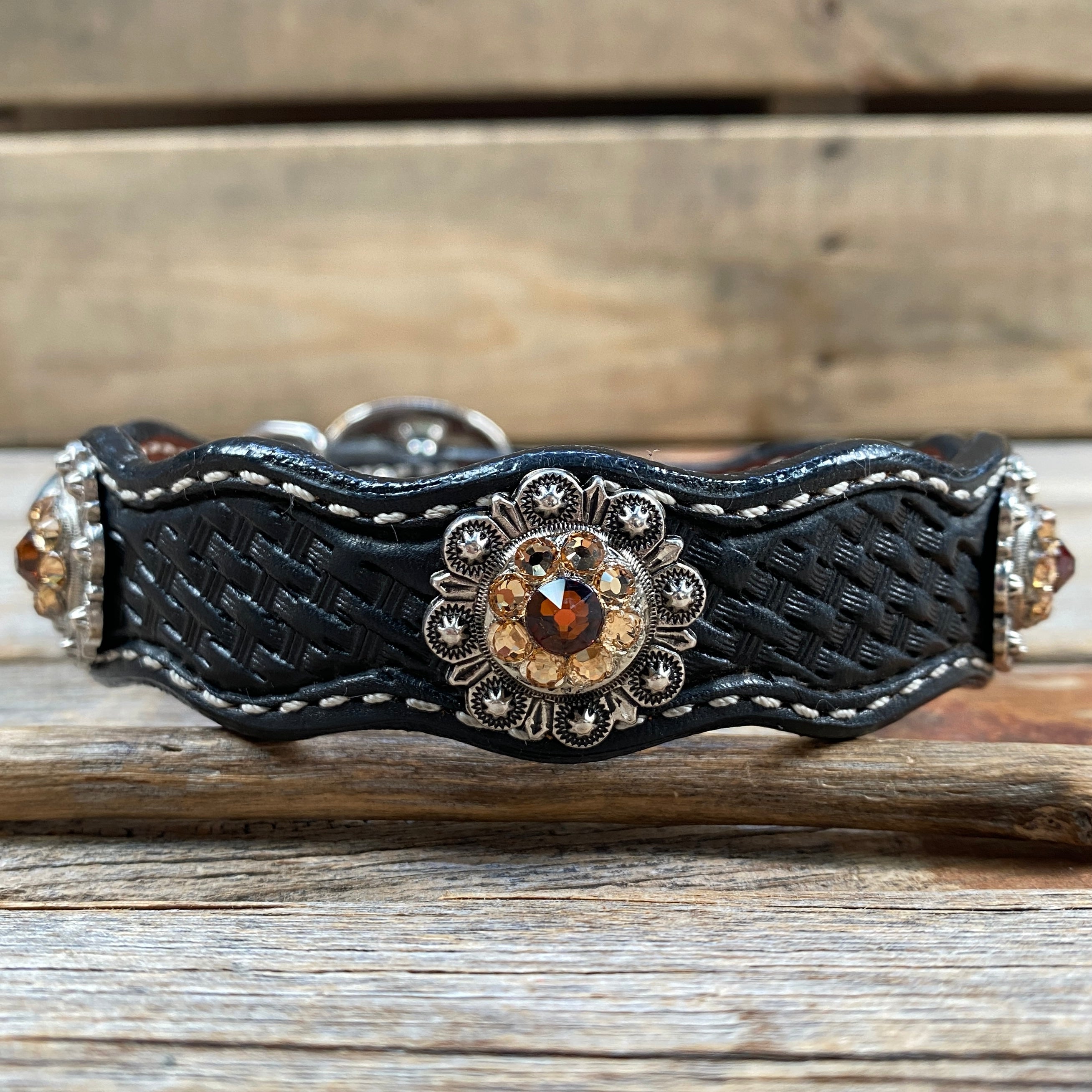 Genuine Leather Dog Collar With Antique Silver Topaz and Champagne Conchos 10" to 22" -DC12 — view 4