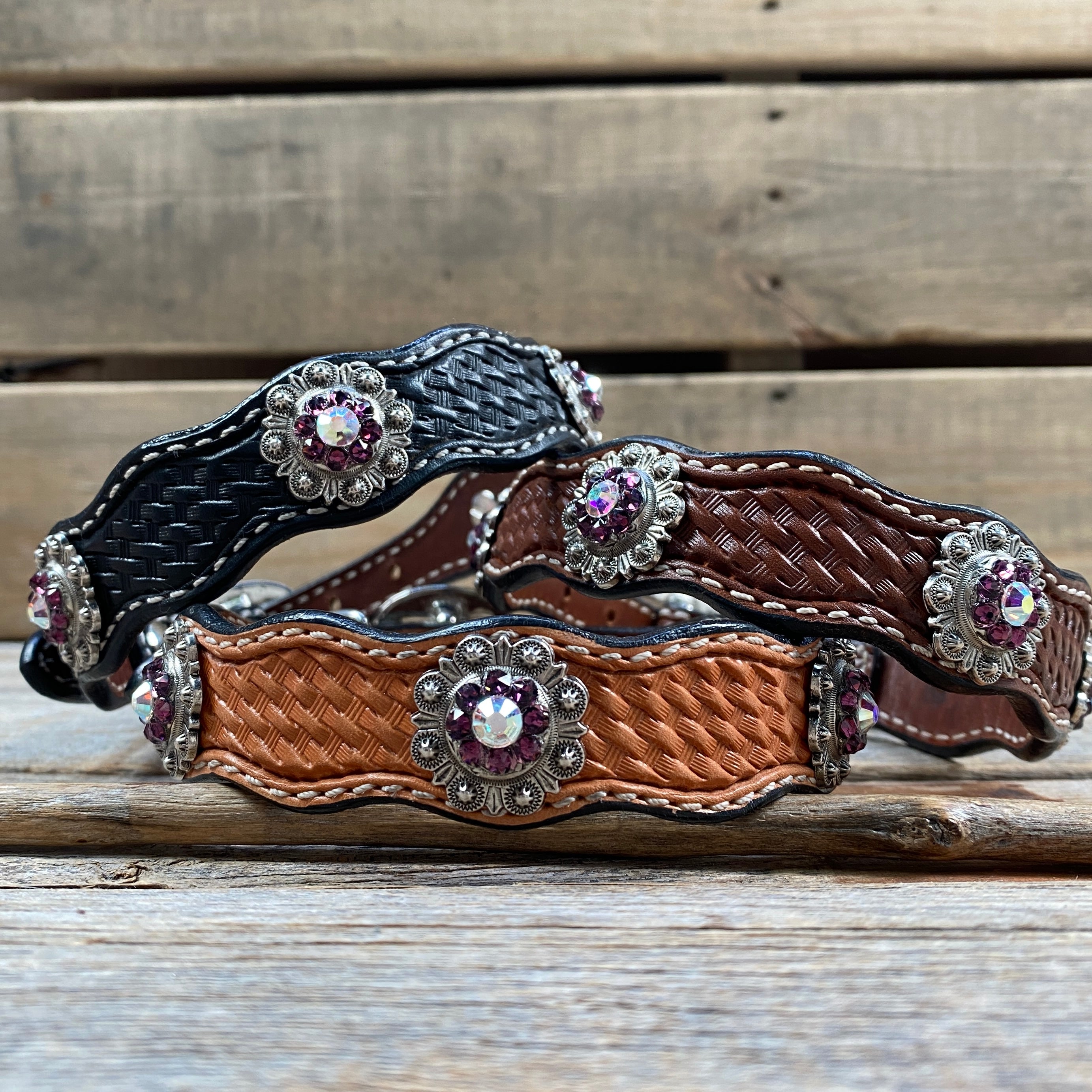 Genuine Leather Dog Collar With Antique Silver Amethyst and AB Conchos 10" to 22" -DC46