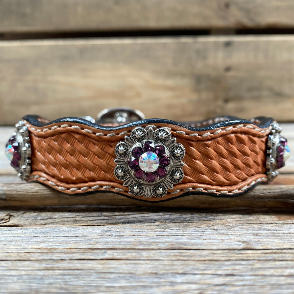 Genuine Leather Dog Collar With Antique Silver Amethyst and AB Conchos 10" to 22" -DC46 — view 2