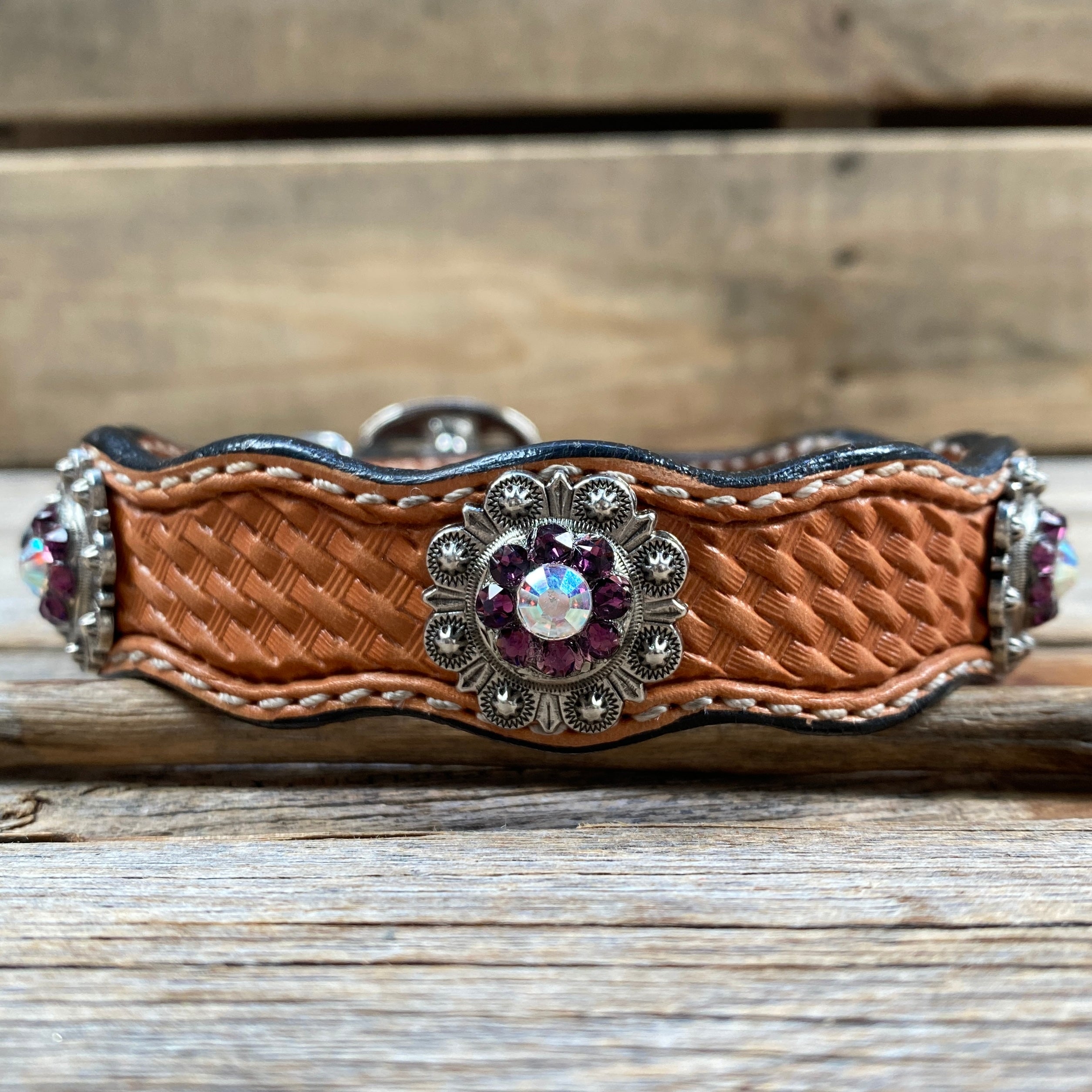 Genuine Leather Dog Collar With Antique Silver Amethyst and AB Conchos 10" to 22" -DC46 — view 2