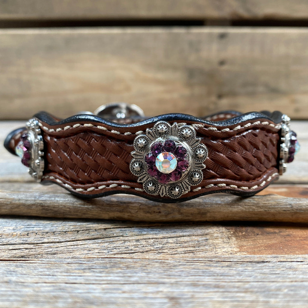 Genuine Leather Dog Collar With Antique Silver Amethyst and AB Conchos 10" to 22" -DC46 — view 3