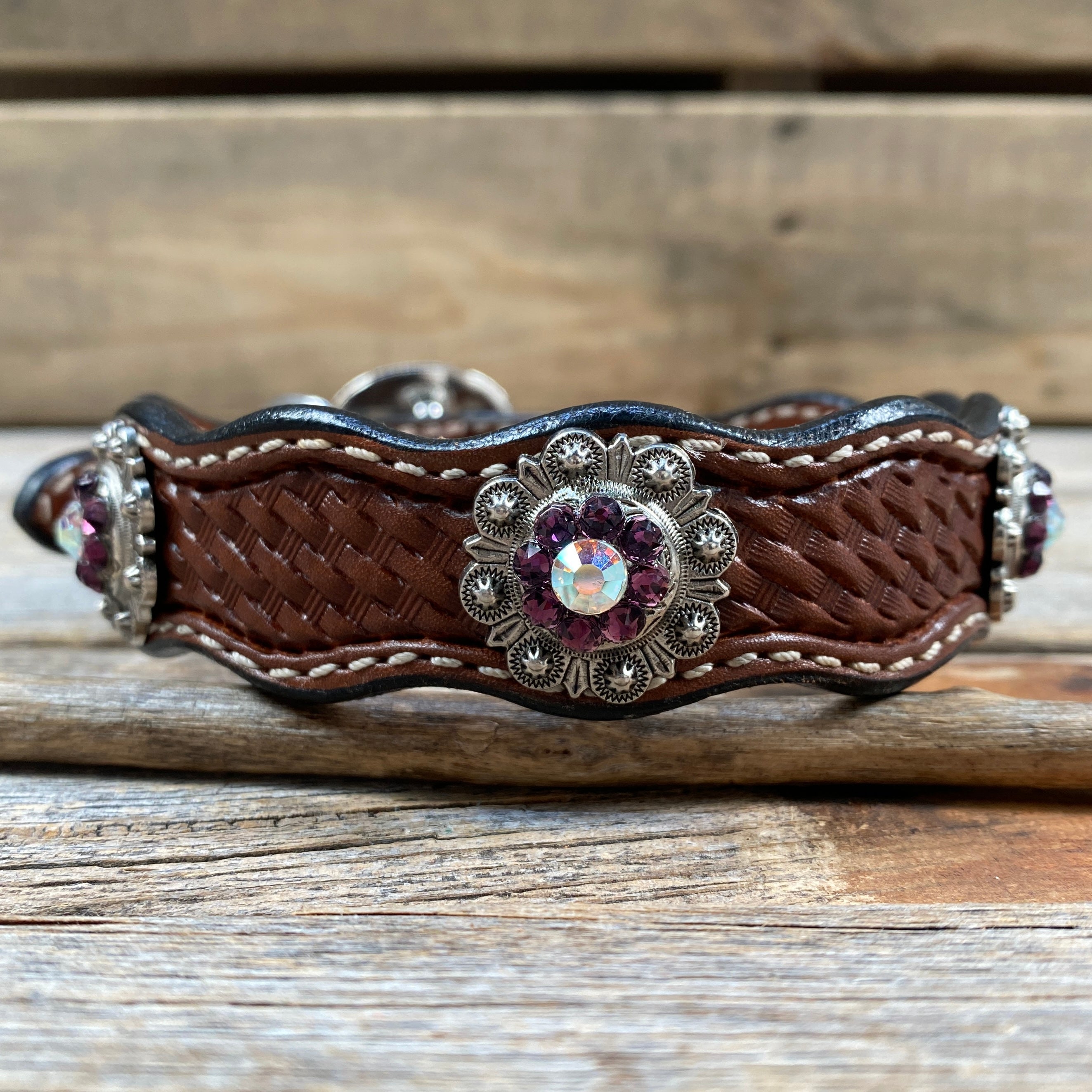 Genuine Leather Dog Collar With Antique Silver Amethyst and AB Conchos 10" to 22" -DC46 — view 3