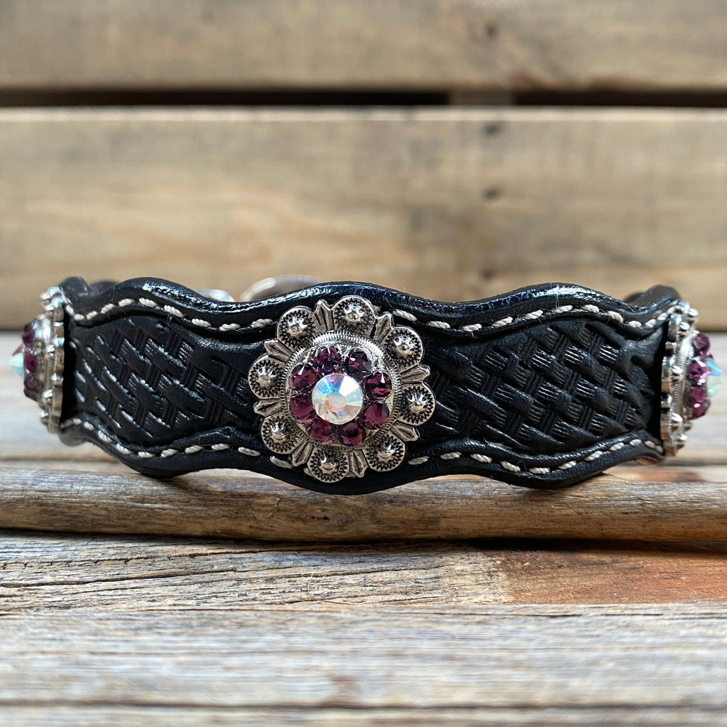 Genuine Leather Dog Collar With Antique Silver Amethyst and AB Conchos 10" to 22" -DC46 — view 4