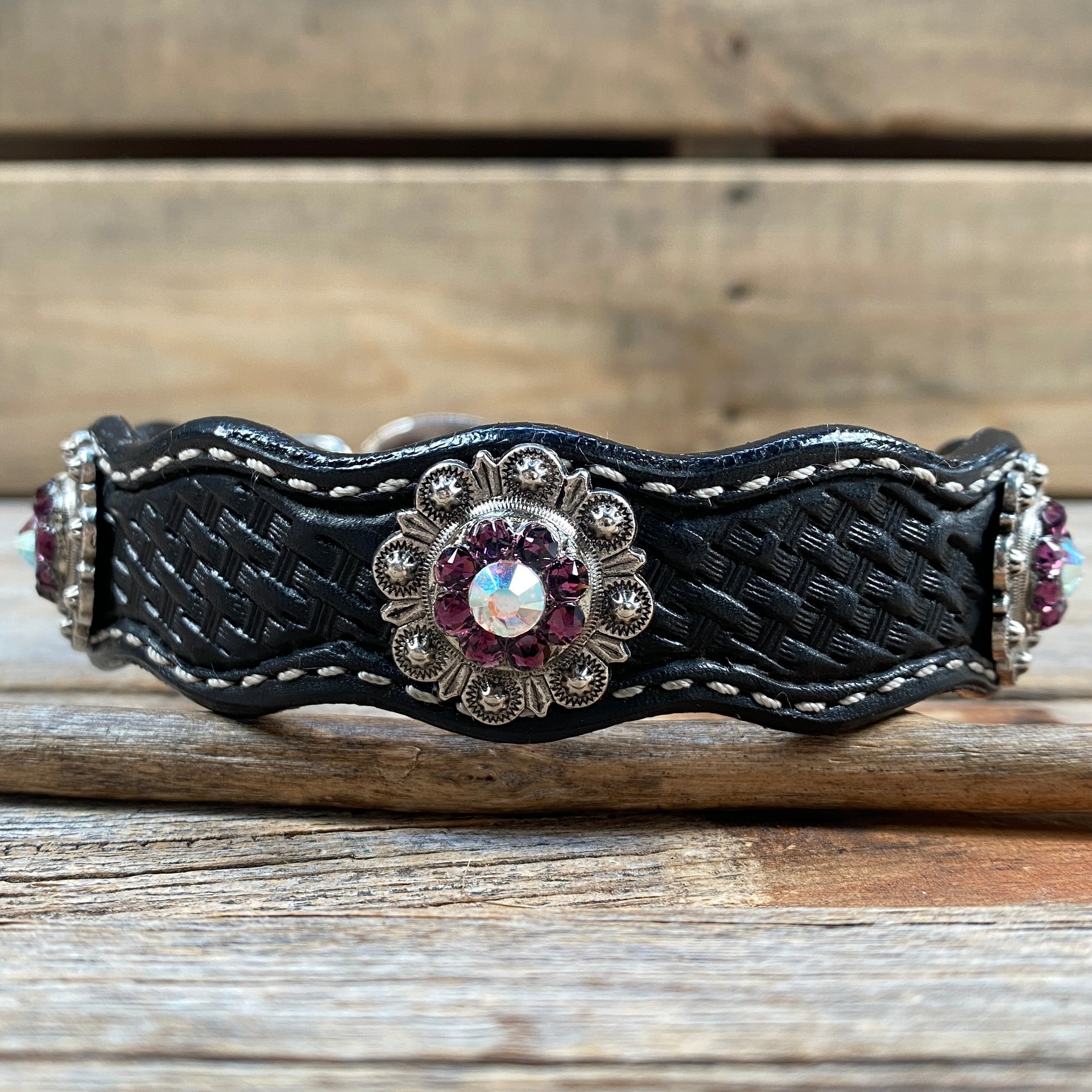 Genuine Leather Dog Collar With Antique Silver Amethyst and AB Conchos 10" to 22" -DC46 — view 4
