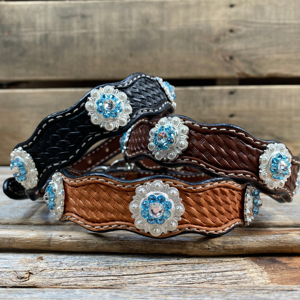 Genuine Leather Dog Collar or Leash With Bright Silver Aqua and Clear Conchos 10" to 22" orDC47 — view 2