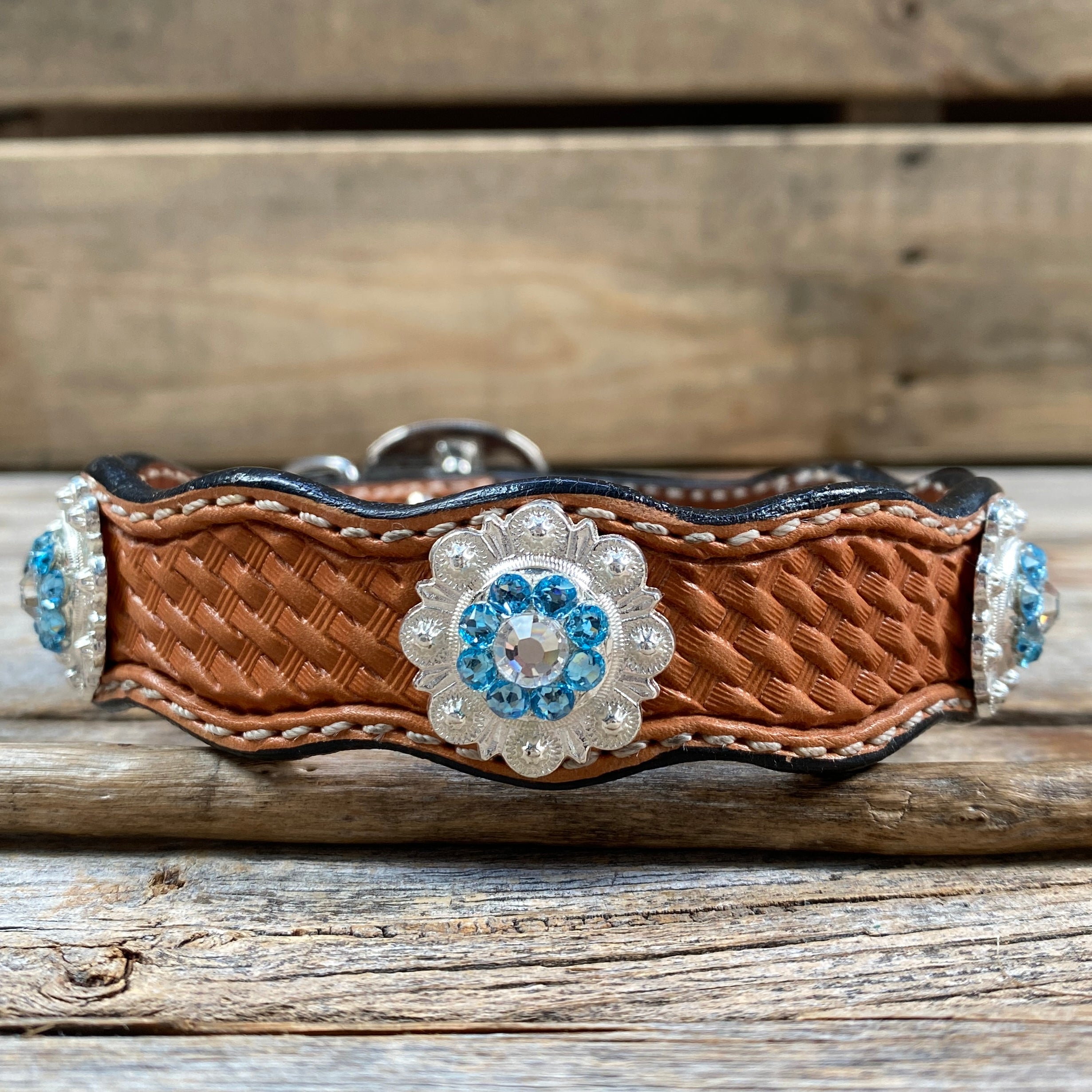 Genuine Leather Dog Collar or Leash With Bright Silver Aqua and Clear Conchos 10" to 22" orDC47 — view 3