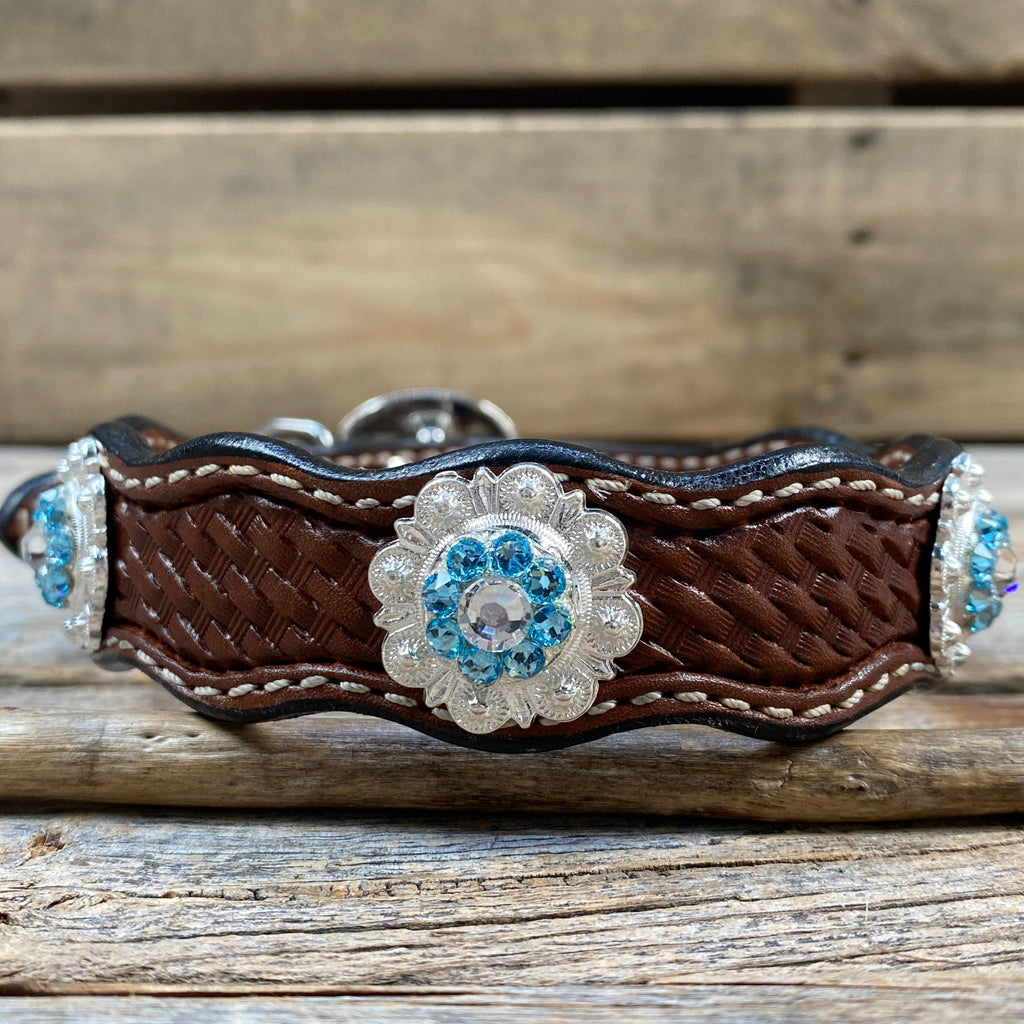 Genuine Leather Dog Collar or Leash With Bright Silver Aqua and Clear Conchos 10" to 22" orDC47 — view 4