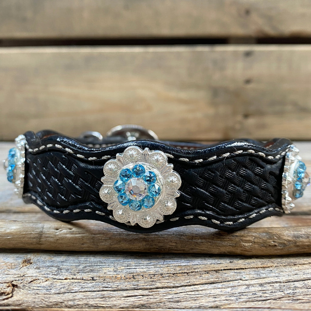 Genuine Leather Dog Collar or Leash With Bright Silver Aqua and Clear Conchos 10" to 22" orDC47 — view 5
