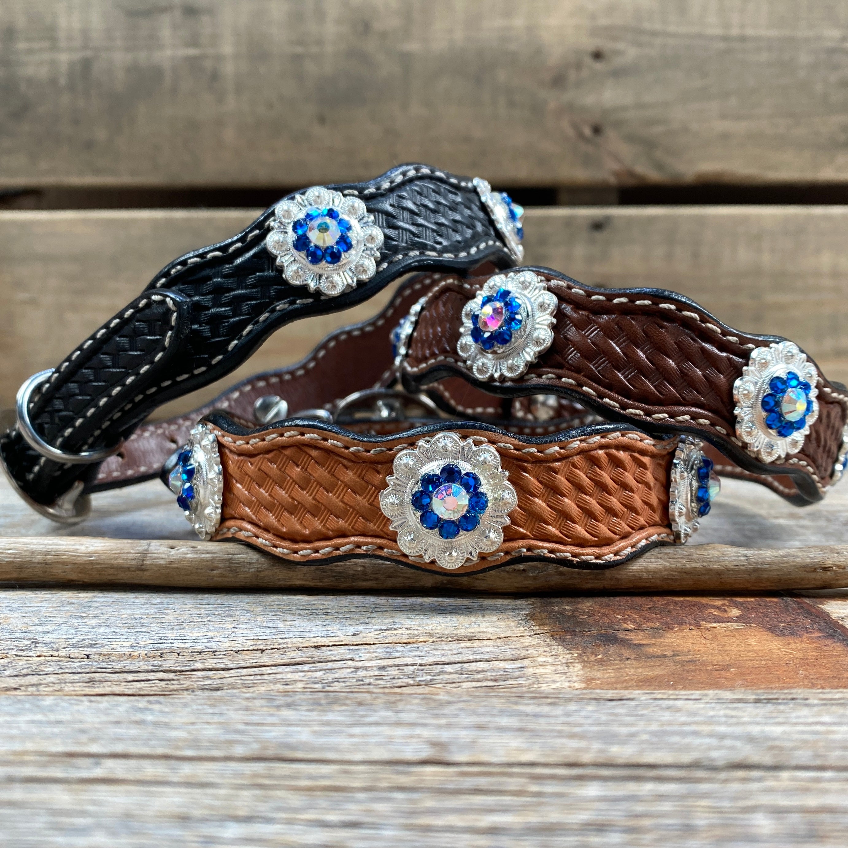 Genuine Leather Dog Collar or Leash With Bright Silver Capri and AB Conchos 10" to 22" orDC48 — view 2
