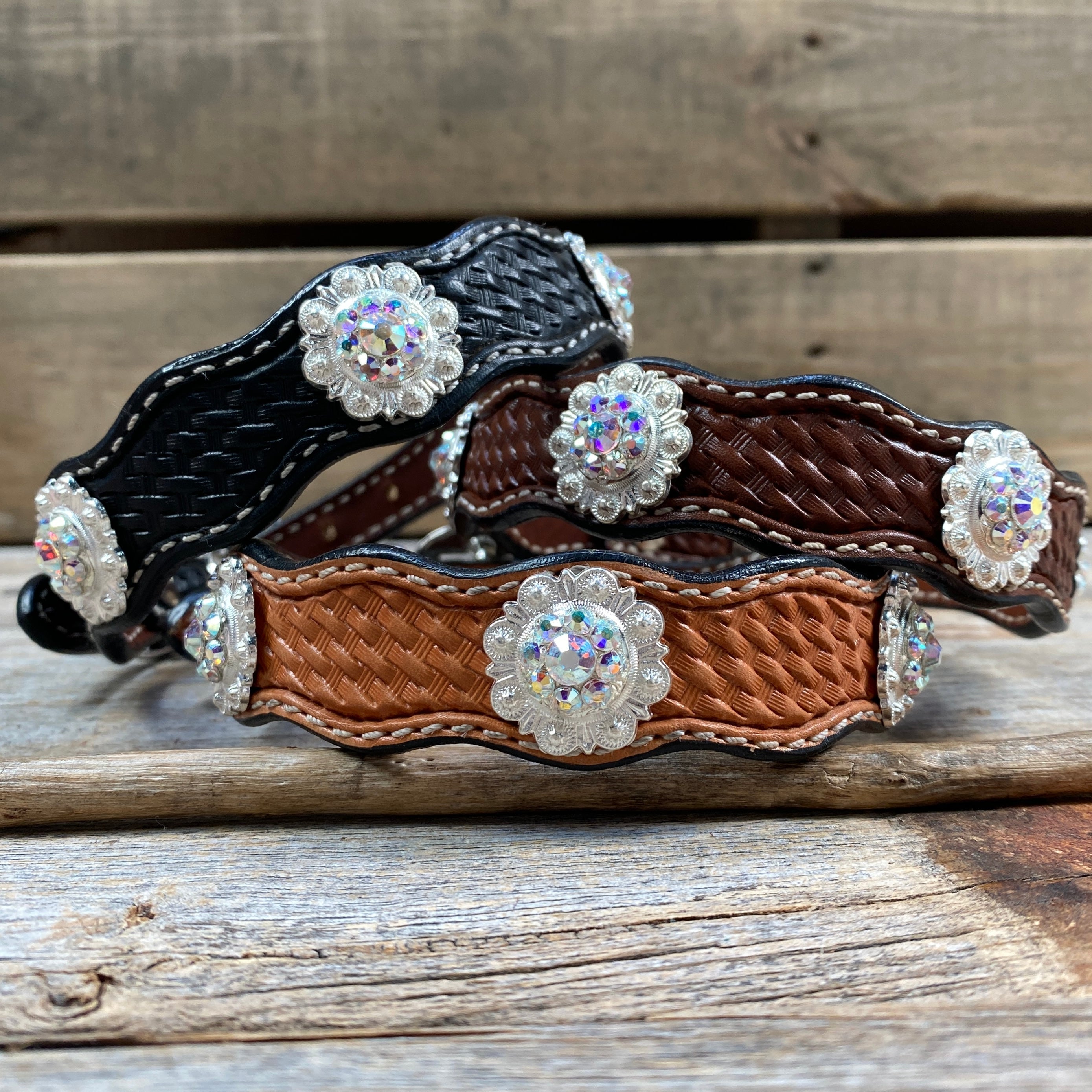 Genuine Leather Dog Collar or Leash With Bright Silver AB Conchos 10" to 22" orDC49 — view 2