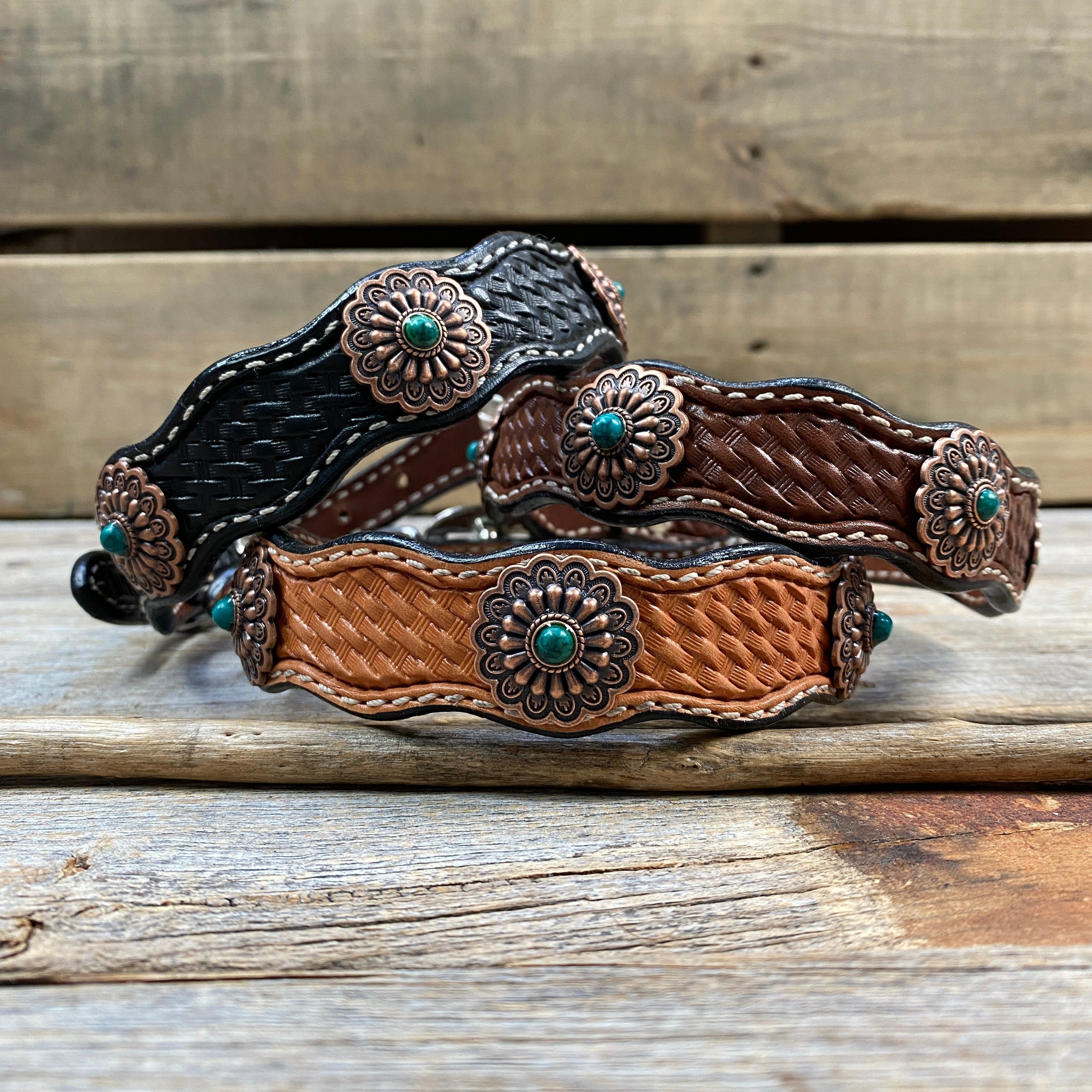 Genuine Leather Dog Collar or Leash With Copper Green Turquoise Conchos 10" to 22" W103S -DC51 — view 2