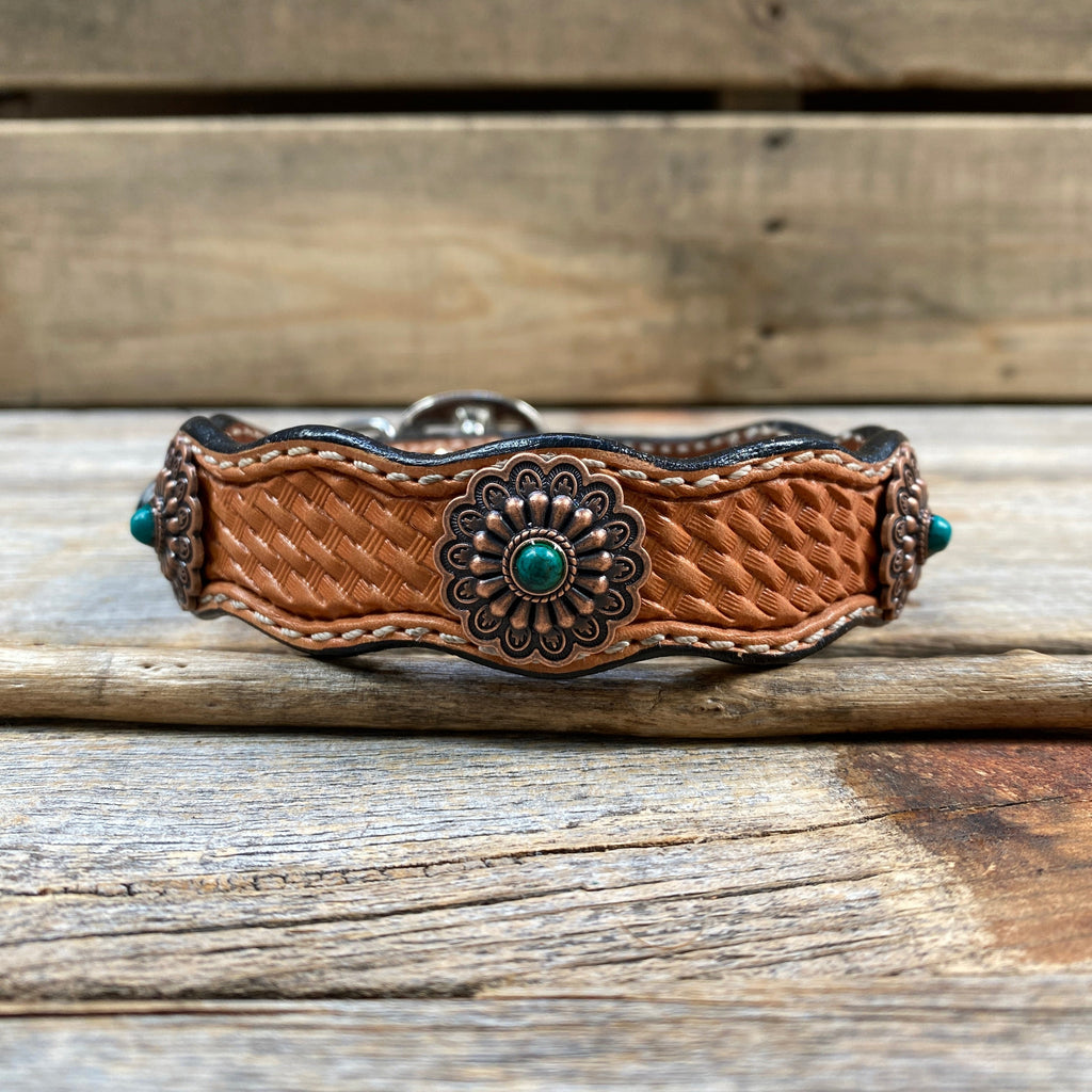 Genuine Leather Dog Collar or Leash With Copper Green Turquoise Conchos 10" to 22" W103S -DC51 — view 3