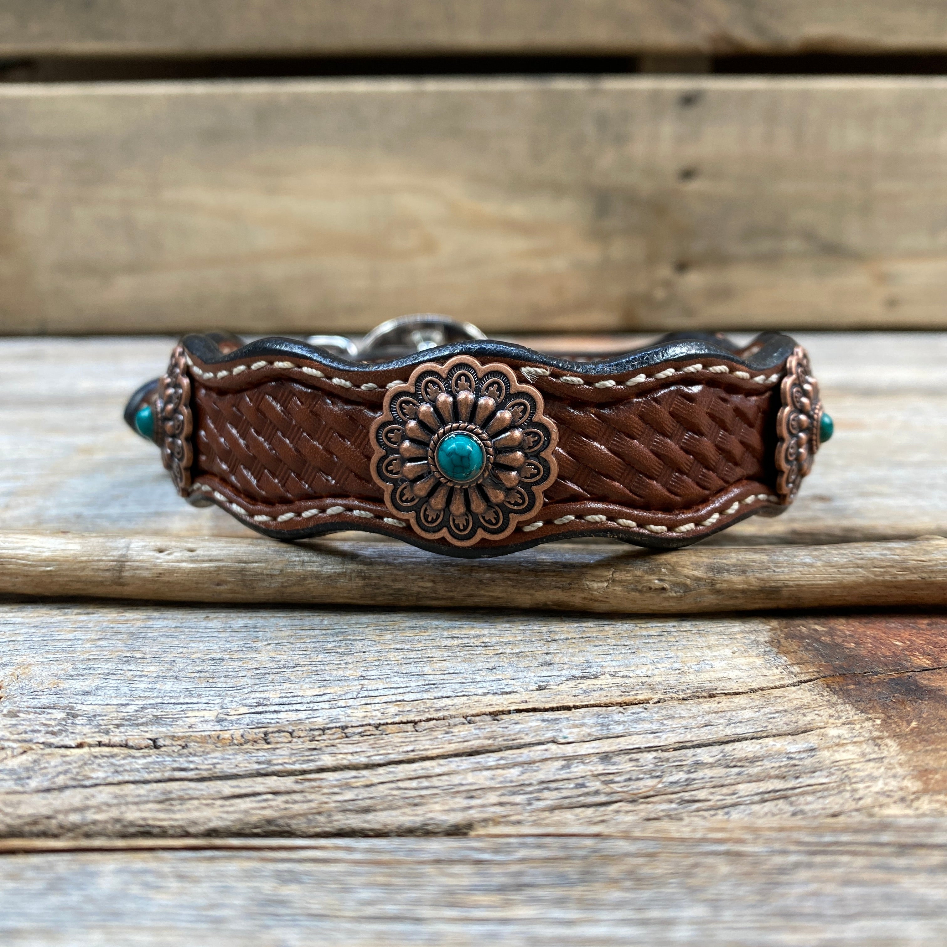 Genuine Leather Dog Collar or Leash With Copper Green Turquoise Conchos 10" to 22" W103S -DC51 — view 4
