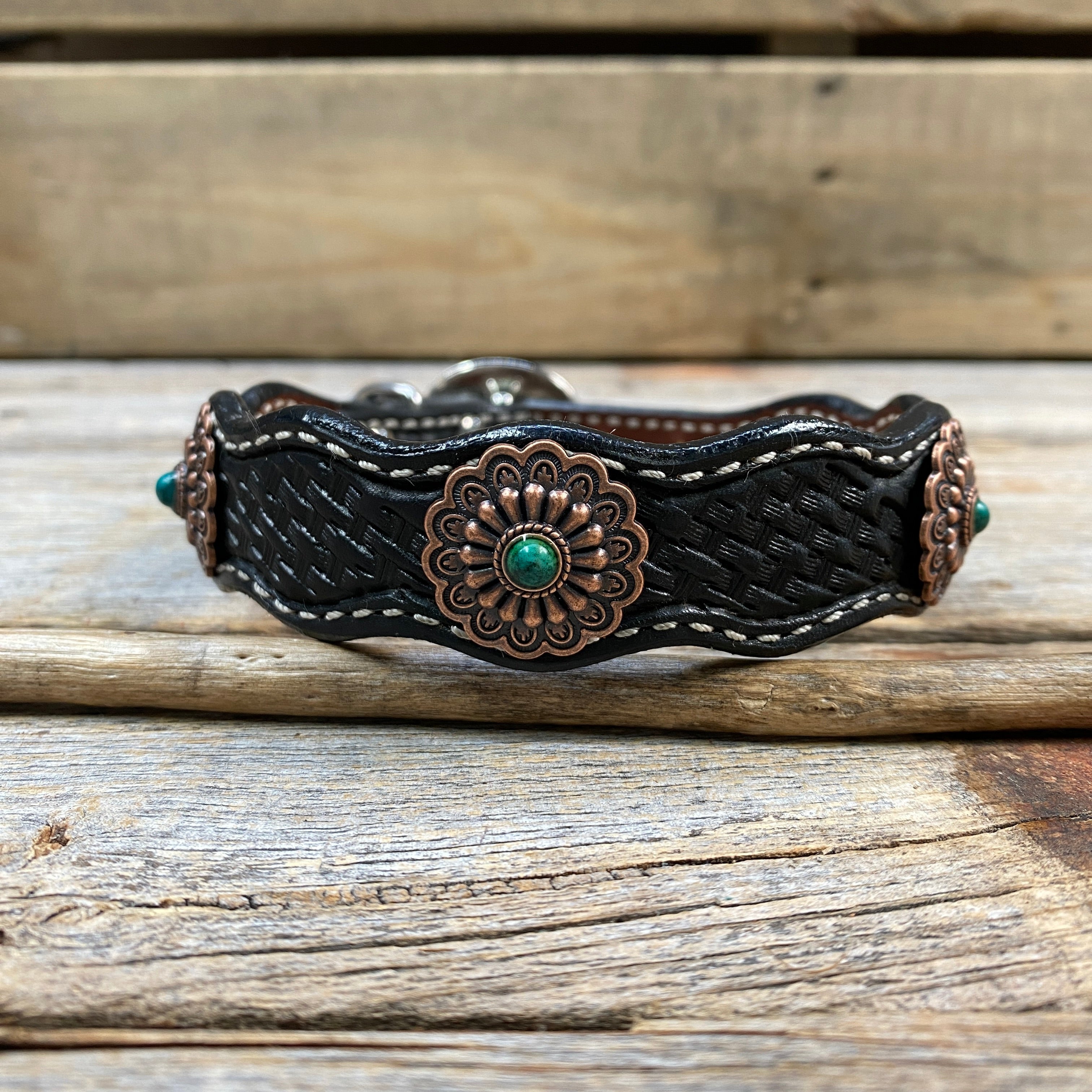 Genuine Leather Dog Collar or Leash With Copper Green Turquoise Conchos 10" to 22" W103S -DC51 — view 5