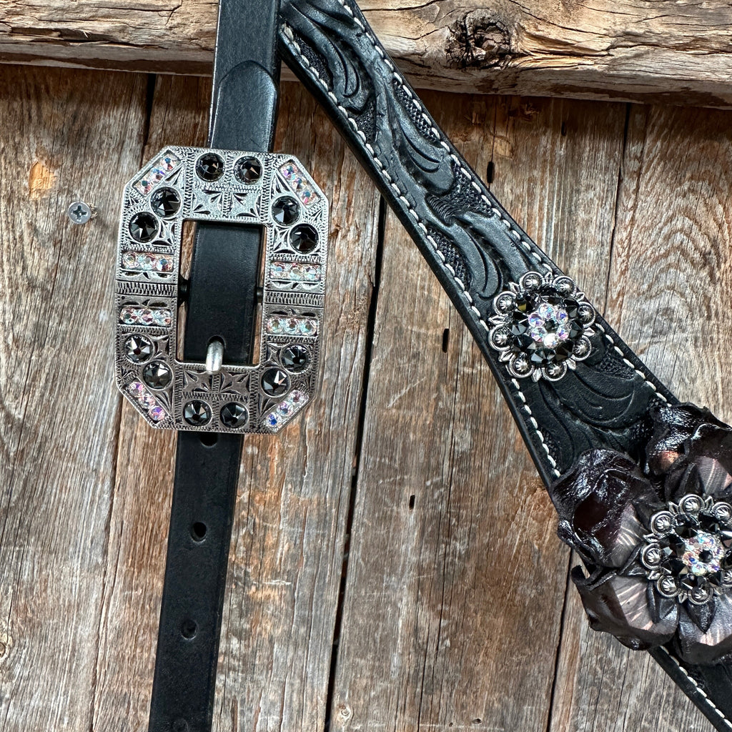 Black Floral Midnight Browband / Breastcollar Tack Set #BBBC578 — view 5