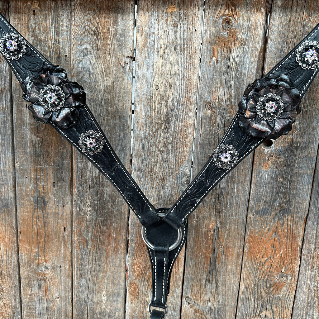 Black Floral Midnight Browband / Breastcollar Tack Set #BBBC578 — view 3