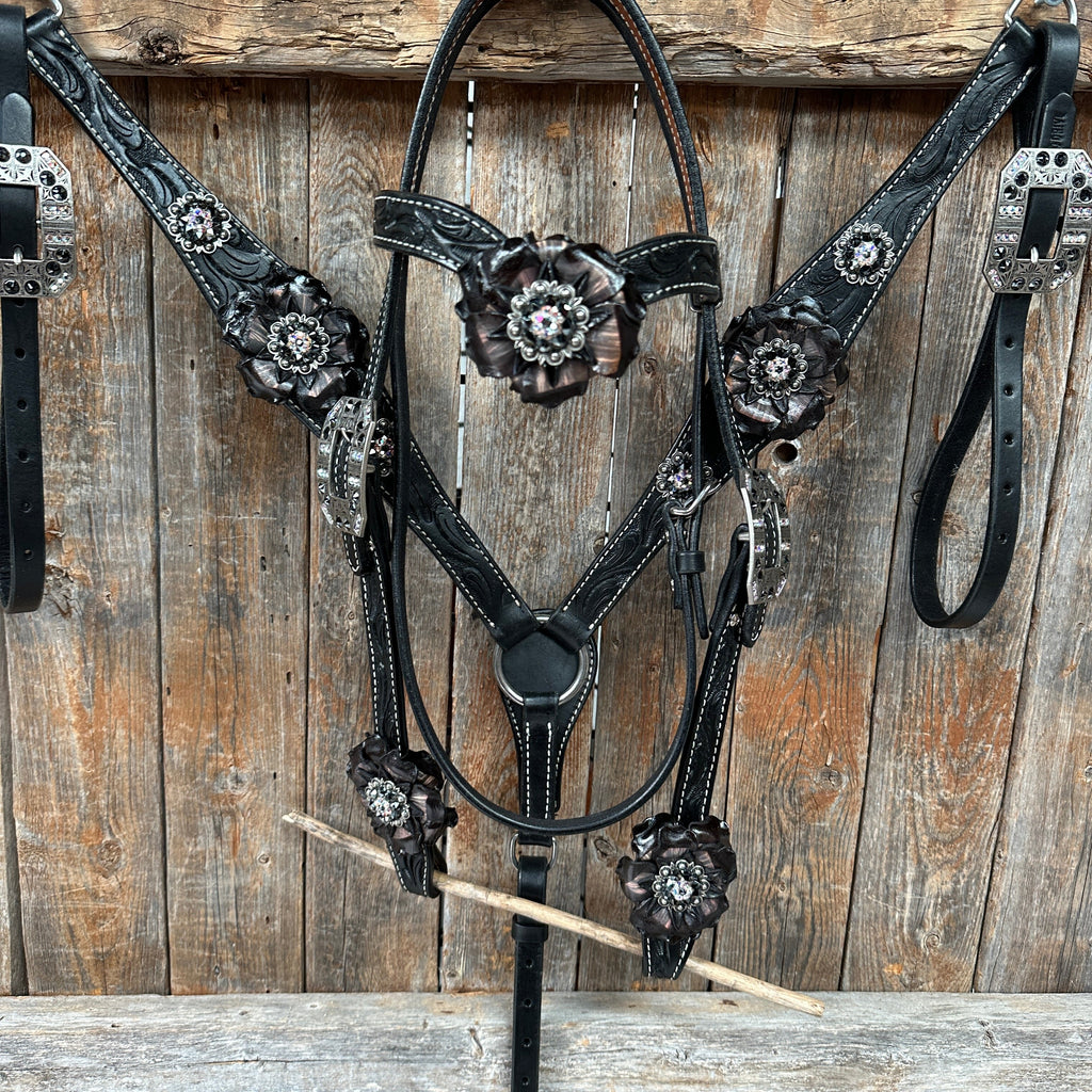 Black Floral Midnight Browband / Breastcollar Tack Set #BBBC578