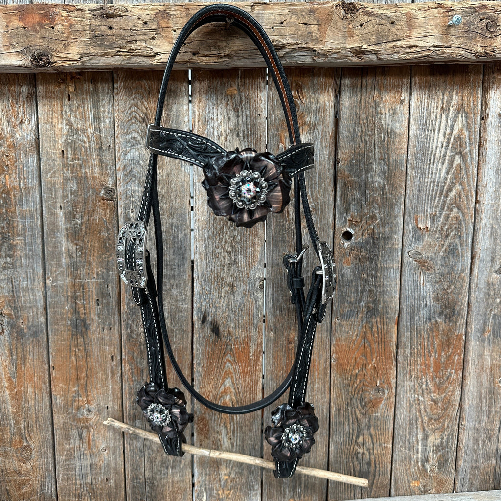 Black Floral Midnight Browband / Breastcollar Tack Set #BBBC578 — view 6