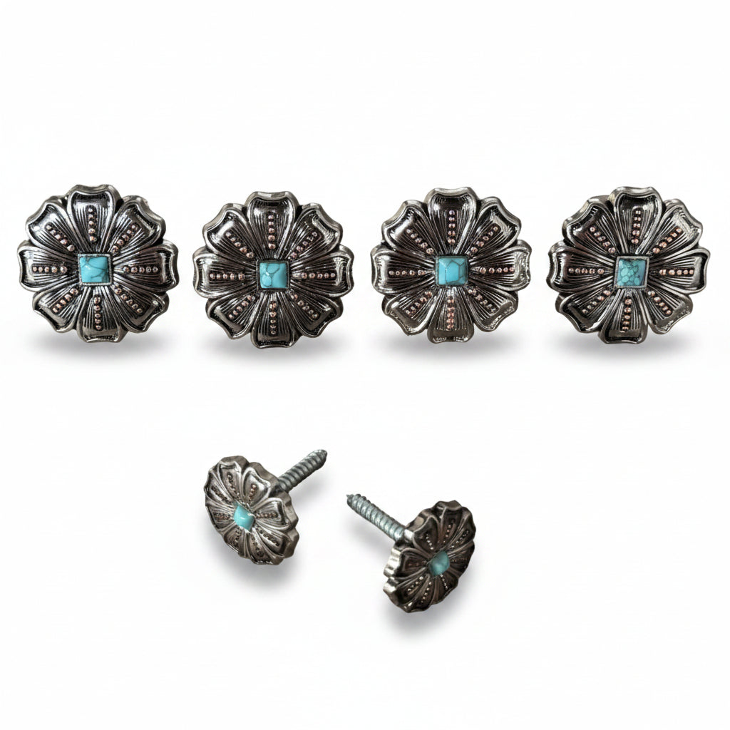 Antique Silver Flower with Copper Dots and Turquoise Saddle Set #SSW249
