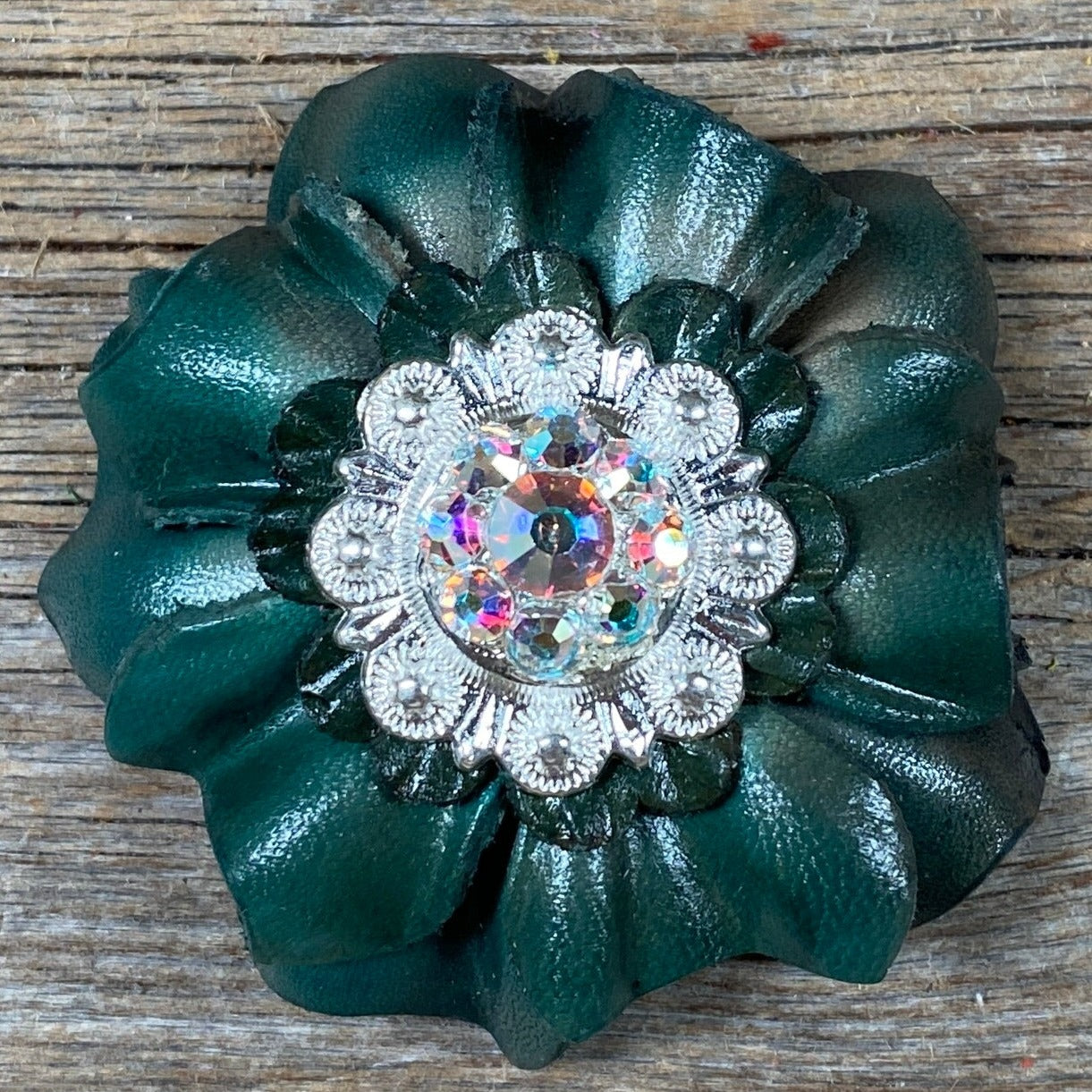 Green Carnations Leather Flowers - 1" Crystal Conchos - Options — view 2