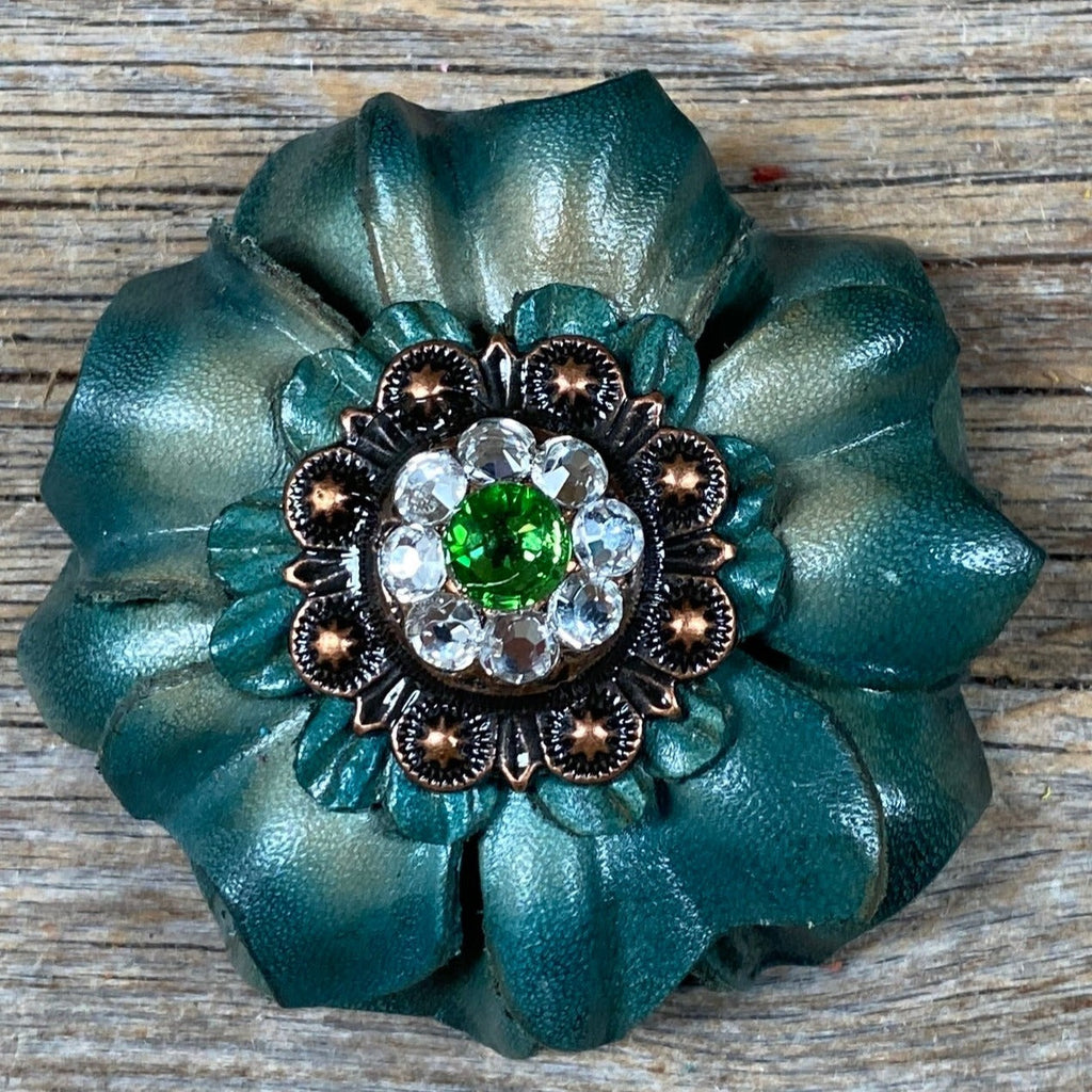 Green Carnation Flower With Copper Fern, Clear 1" Concho