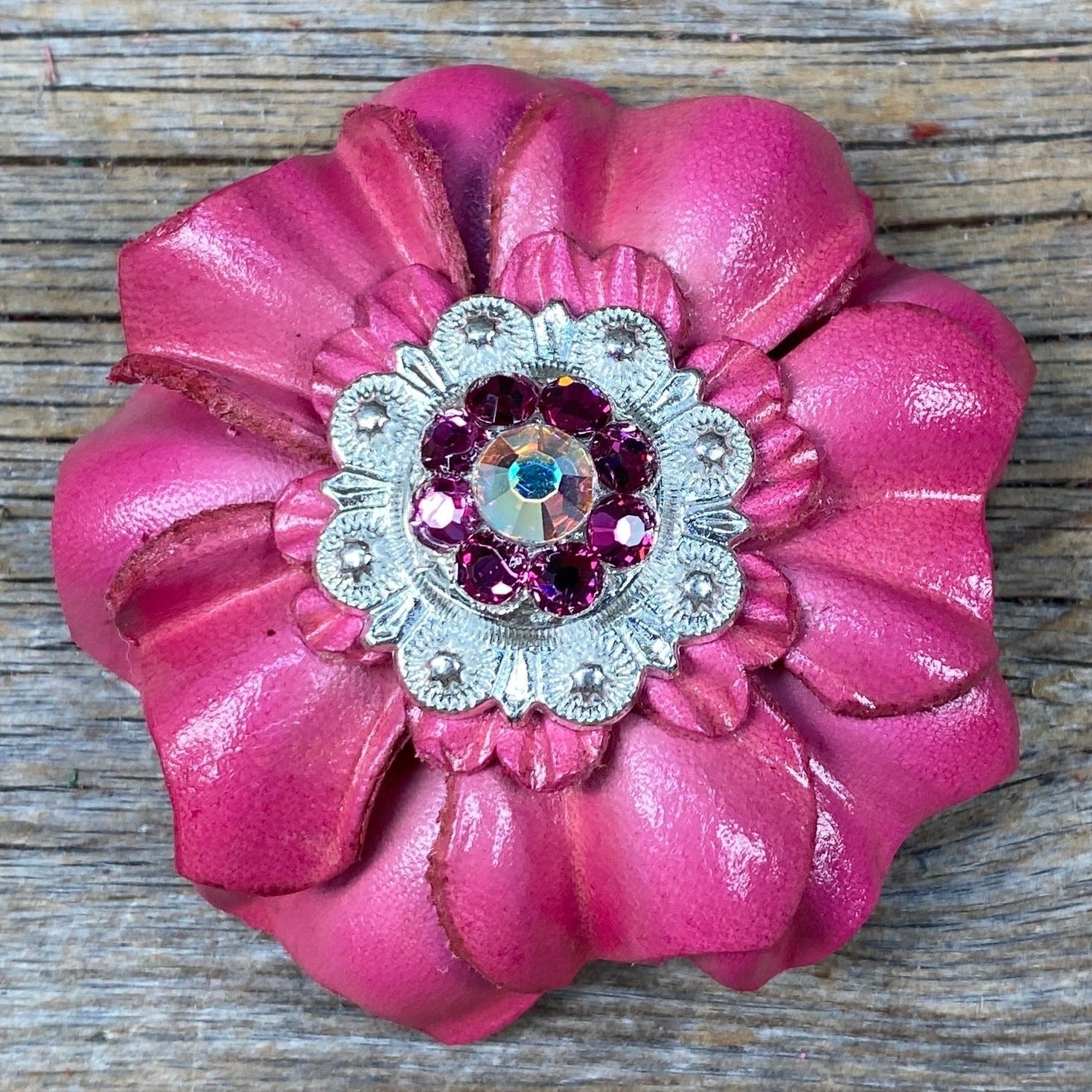 Pink Carnations Leather Flowers - 1" Crystal Conchos - Options — view 4