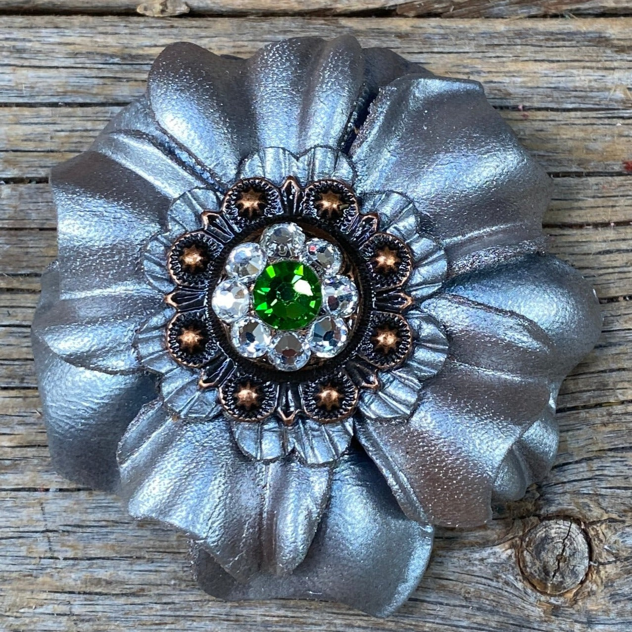Silver Carnation Flower With Copper Fern, Clear 1" Concho