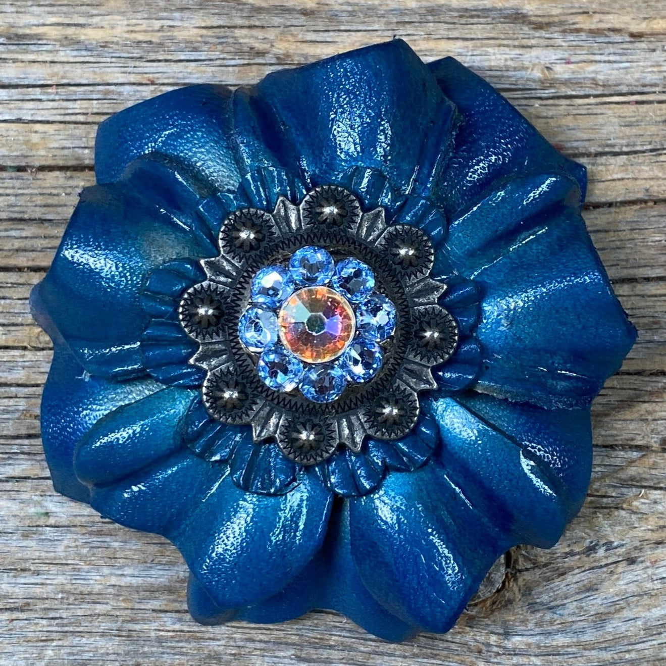 Teal Carnations Leather Flowers - 1" Crystal Conchos - Options — view 9