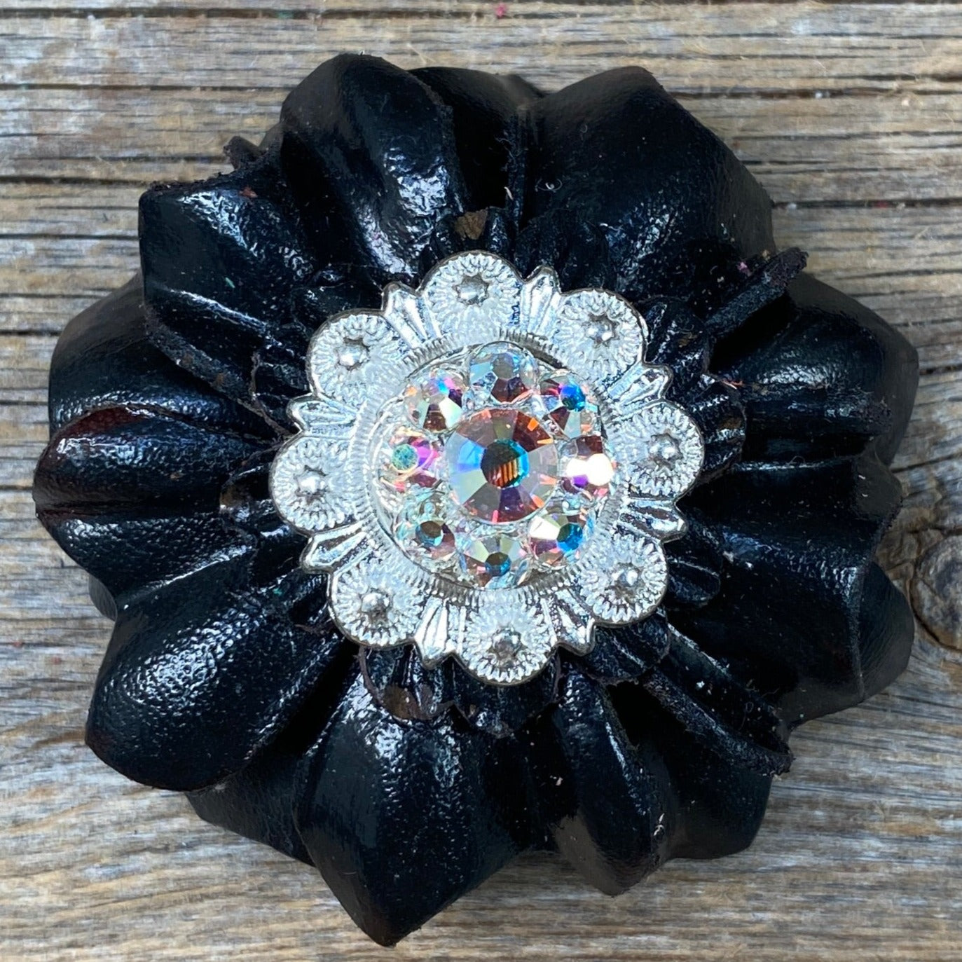 Black Carnations Leather Flowers - 1" Crystal Conchos - Options — view 2