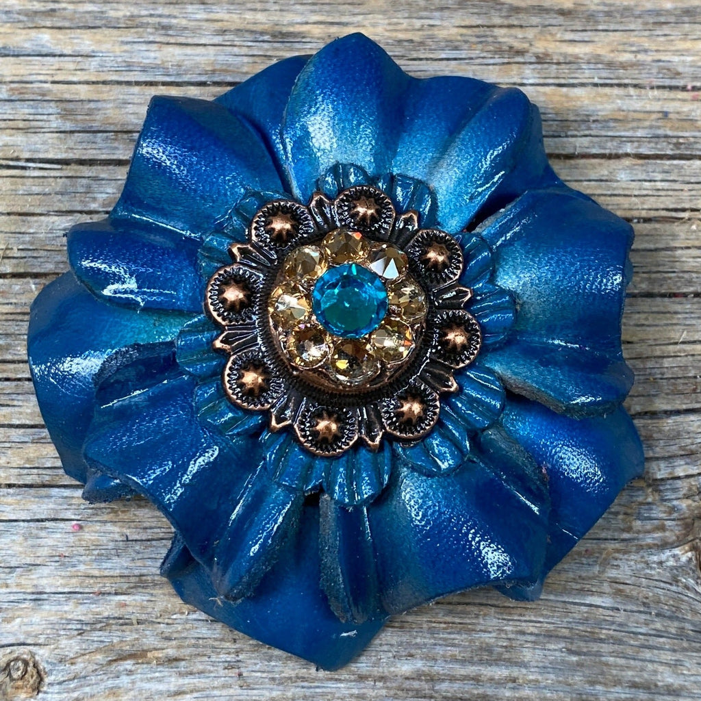 Teal Carnations Leather Flowers - 1" Crystal Conchos - Options — view 2