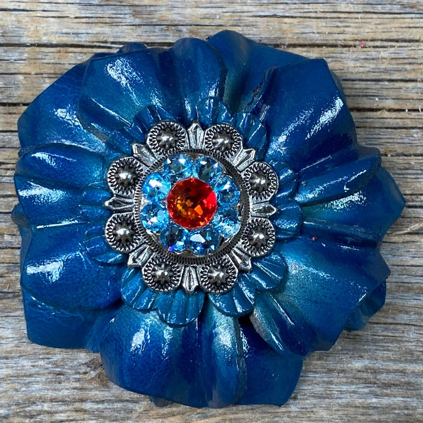 Teal Carnations Leather Flowers - 1" Crystal Conchos - Options — view 4